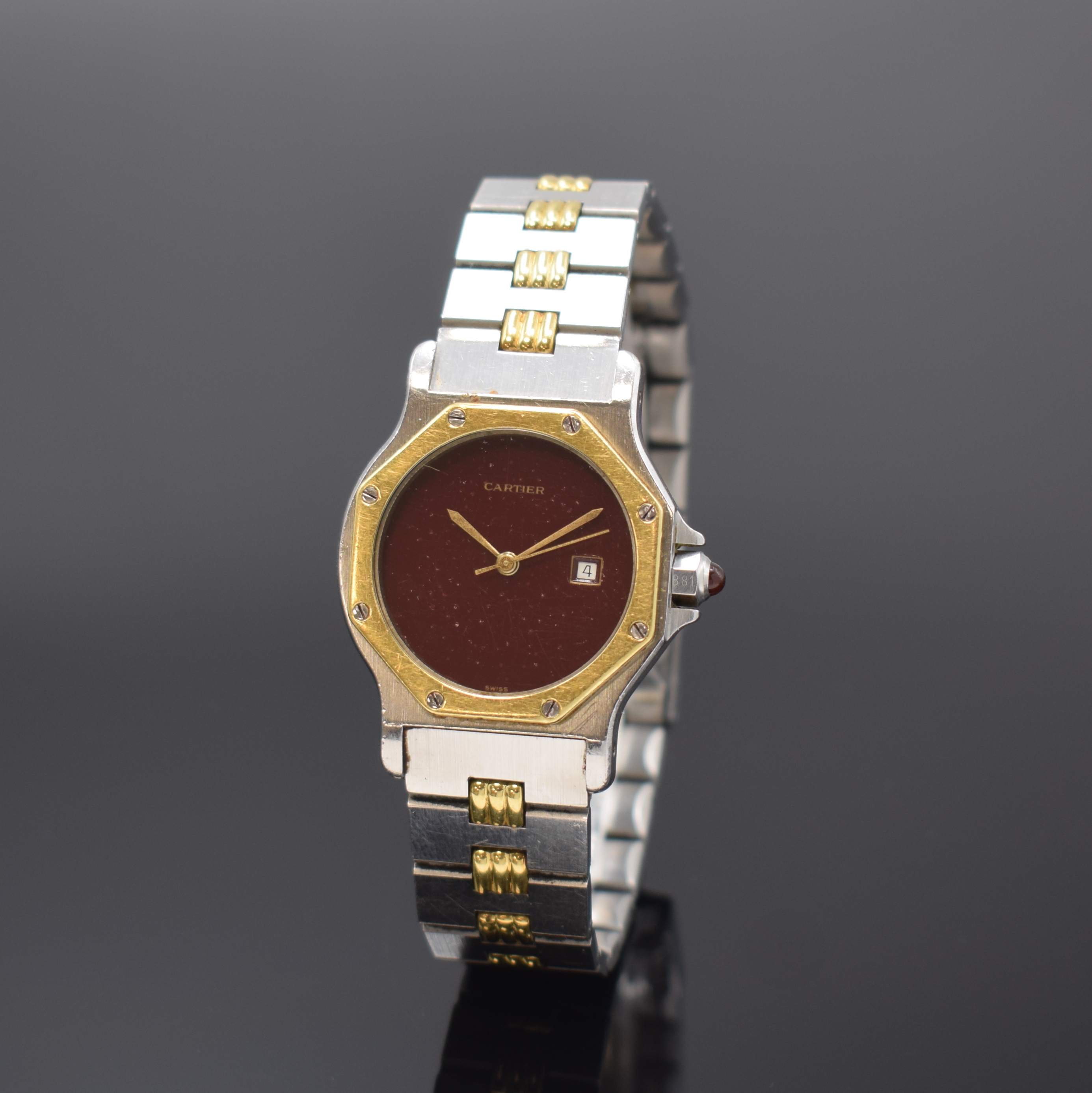 CARTIER Santos Ronde Armbanduhr in Stahl/Gold, Schweiz um 1995, Automatik, 8- fach verschr. Geh. inkl. orig. Gliederband m. Faltschl., Schmuckkrone, ...