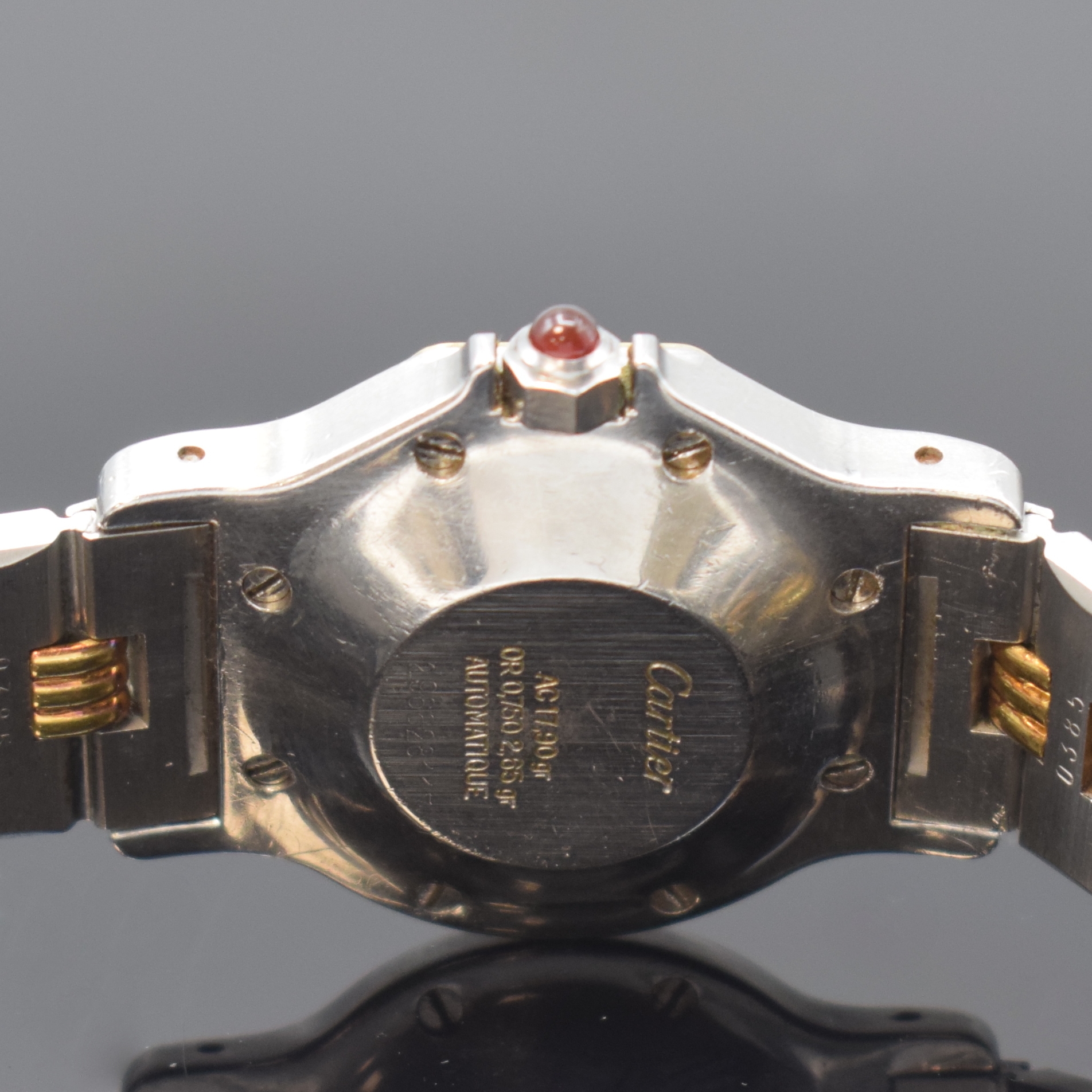 Detail d: CARTIER Santos Ronde Armbanduhr in Stahl/Gold, Schweiz um 1995, Automatik, 8- fach verschr. Geh. inkl. orig. Gliederband m. Faltschl., Schmuckkrone, ...