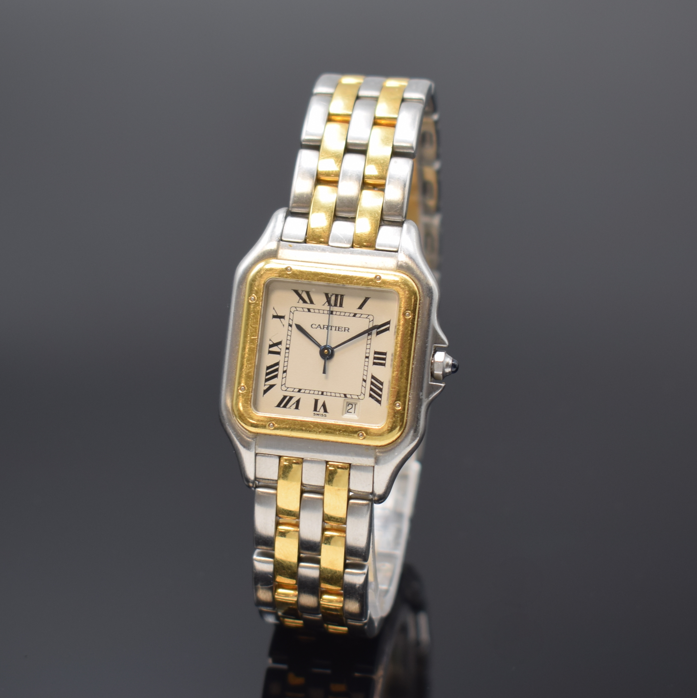 CARTIER Panthere Damenarmbanduhr in Stahl/Gold Referenz 1100, Schweiz um 1995, quarz, Boden 8-fach verschr., orig. Stahl/GG-Band m. dopp. Faltschl., ...