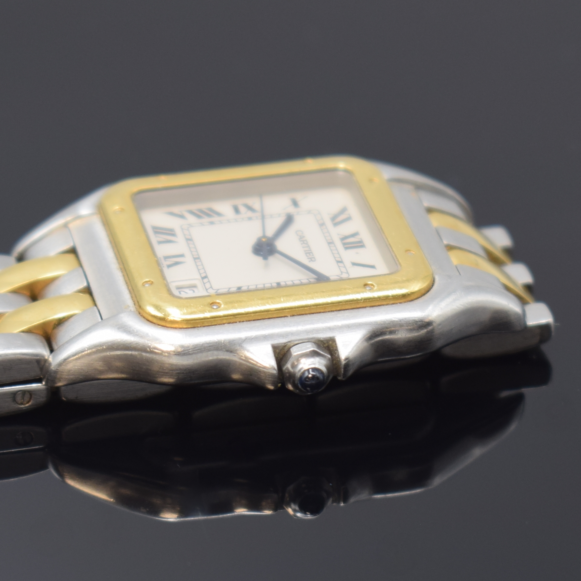 Detail c: CARTIER Panthere Damenarmbanduhr in Stahl/Gold Referenz 1100, Schweiz um 1995, quarz, Boden 8-fach verschr., orig. Stahl/GG-Band m. dopp. Faltschl., ...
