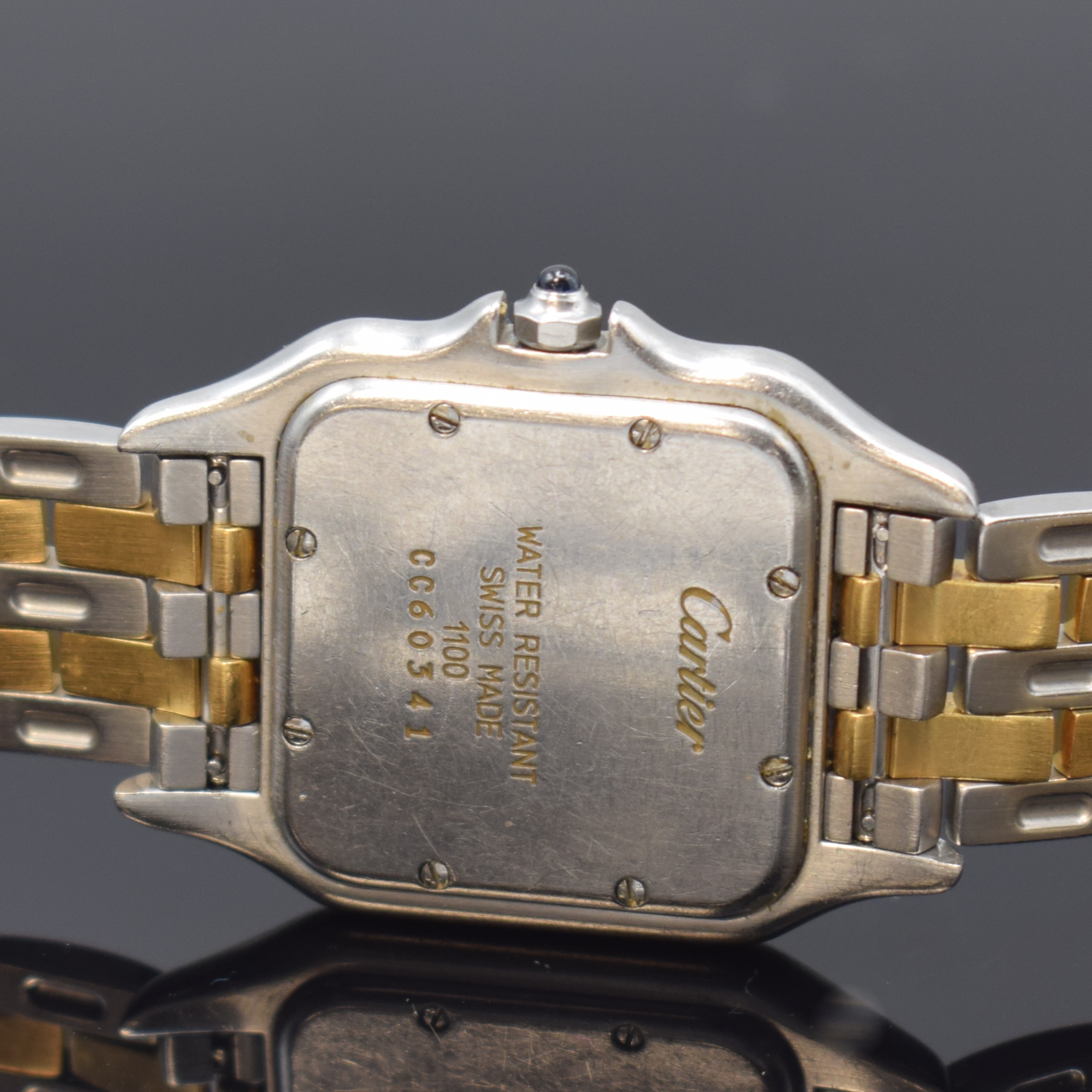 Detail d: CARTIER Panthere Damenarmbanduhr in Stahl/Gold Referenz 1100, Schweiz um 1995, quarz, Boden 8-fach verschr., orig. Stahl/GG-Band m. dopp. Faltschl., ...