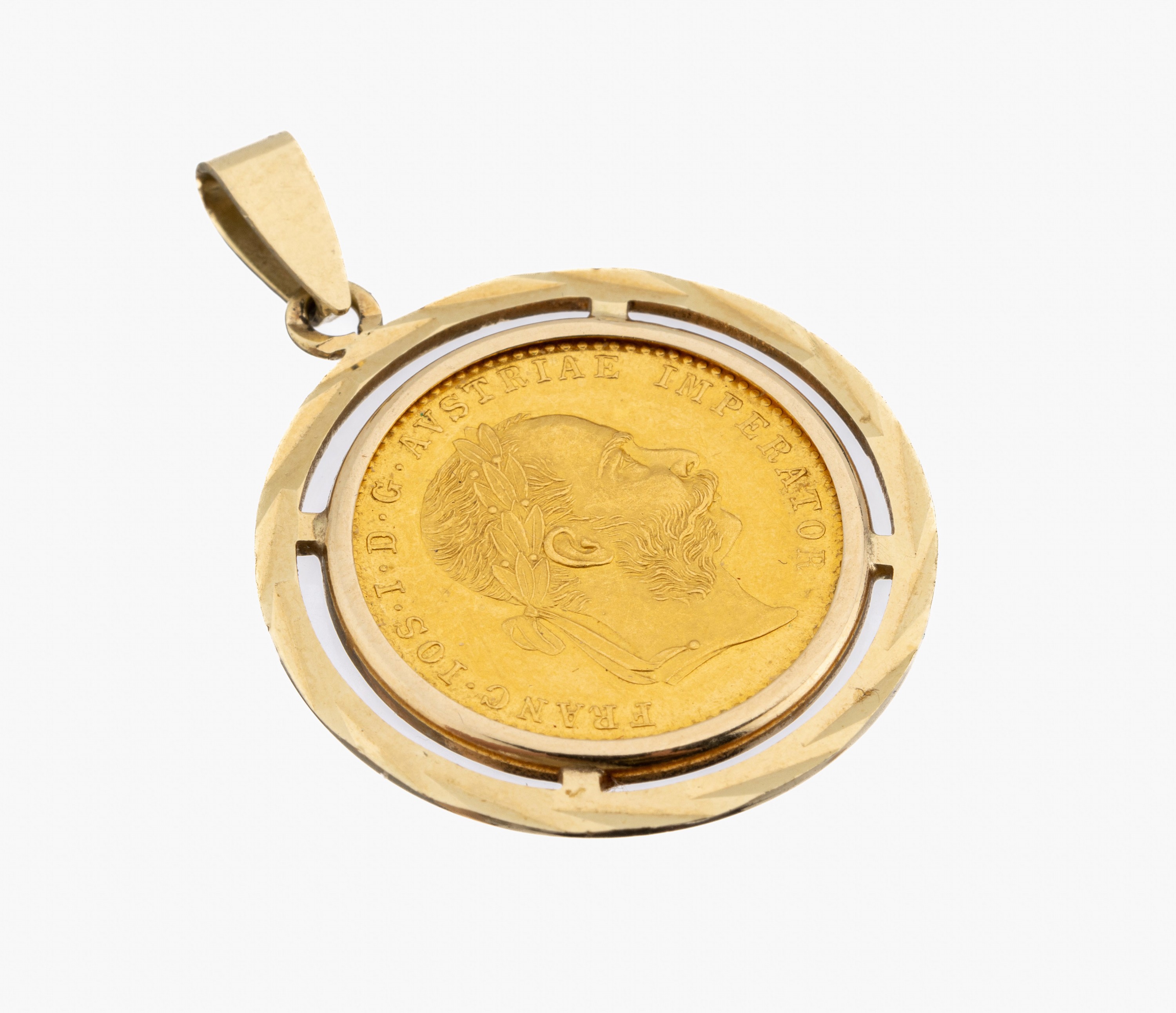 14 kt Gold Münz-Anhänger, Fassung GG 585/000, 1 Dukat, Österreich-Ungarn 1915, offizielle Nachprägung, ca. 5.9 g