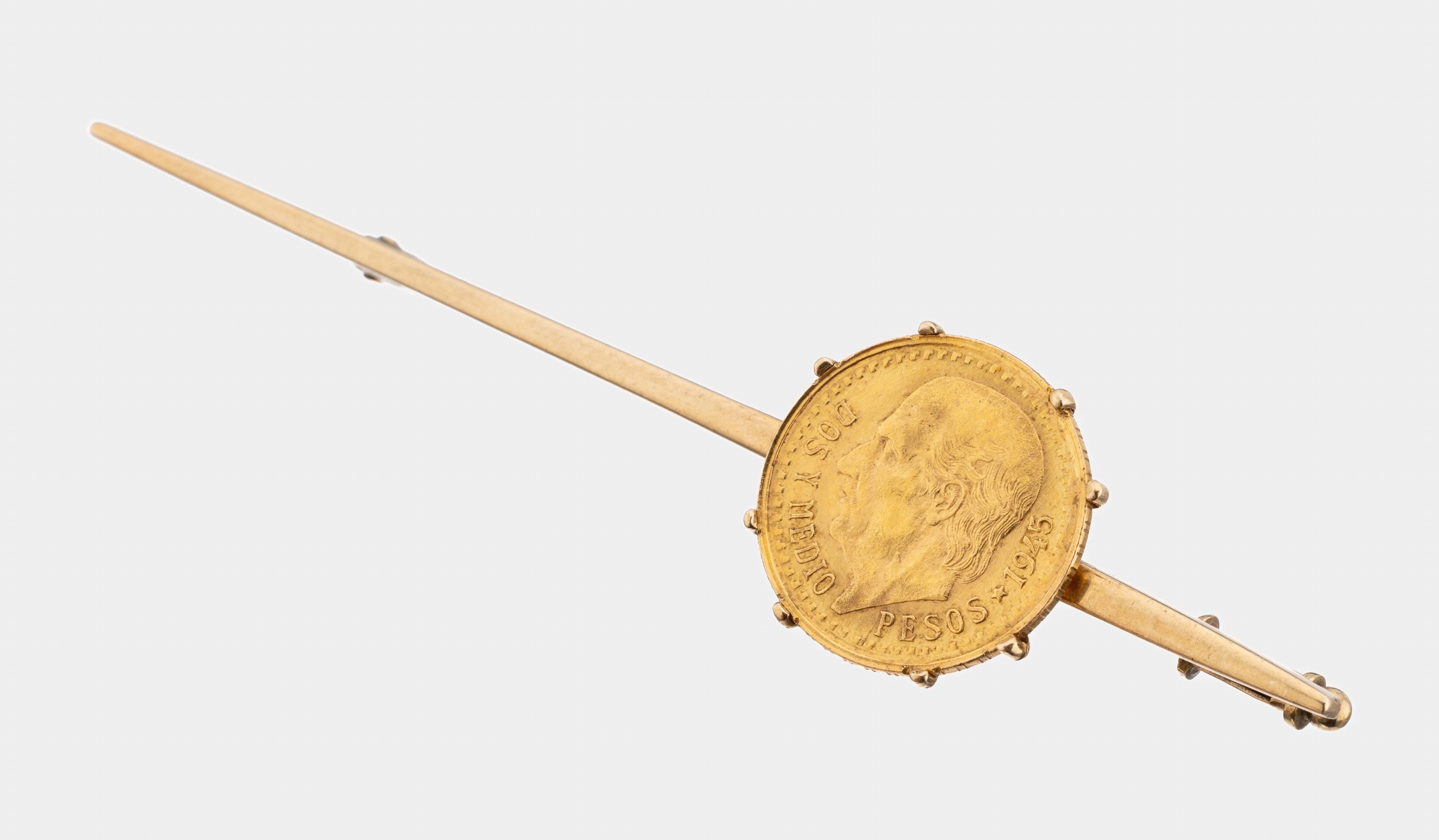 14 kt Gold Stabbrosche mit Münzeinlage, GG 585/000, 2.5 Pesos Münze 1945, ca. 6.3 g, L. ca. 7 cm