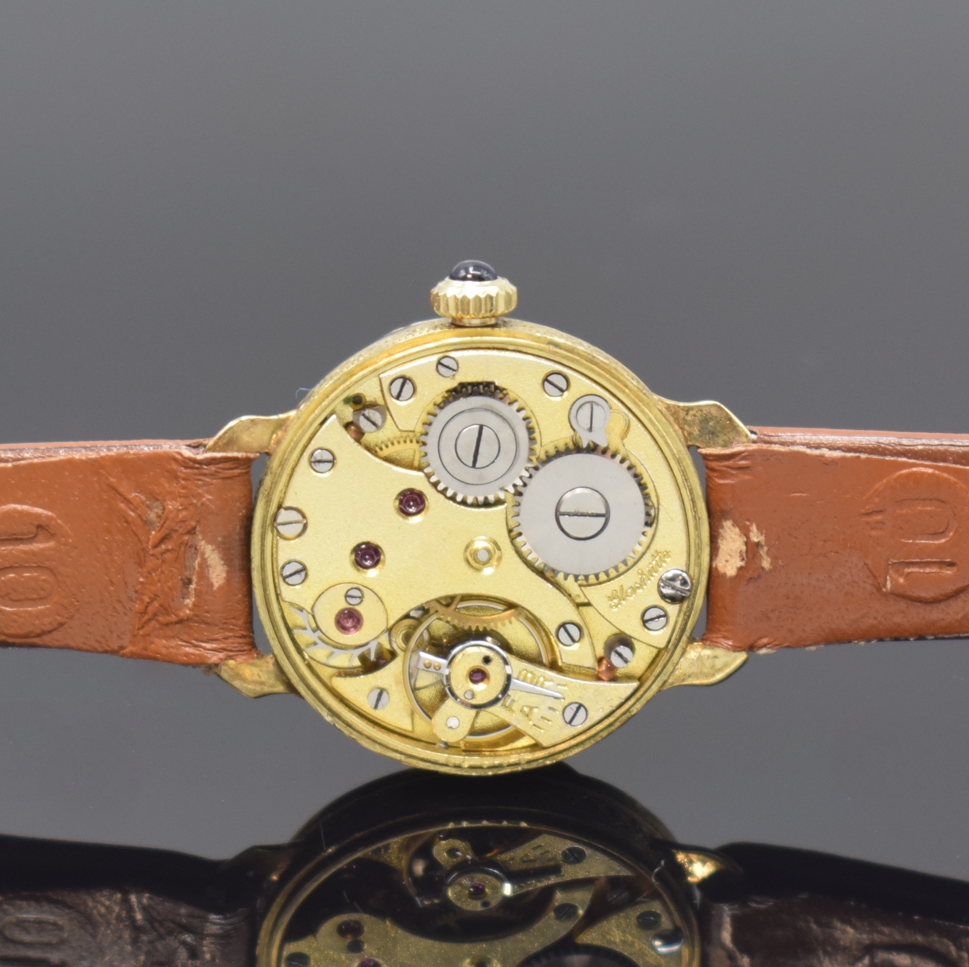 Detail d: HÖHNEL GLASHÜTTE frühe Damenarmbanduhr in GG 585/000, Deutschland um 1925, Handaufzug, Boden aufgedr., Schmuckkrone, champagnerfarb. Zifferbl. m. ...