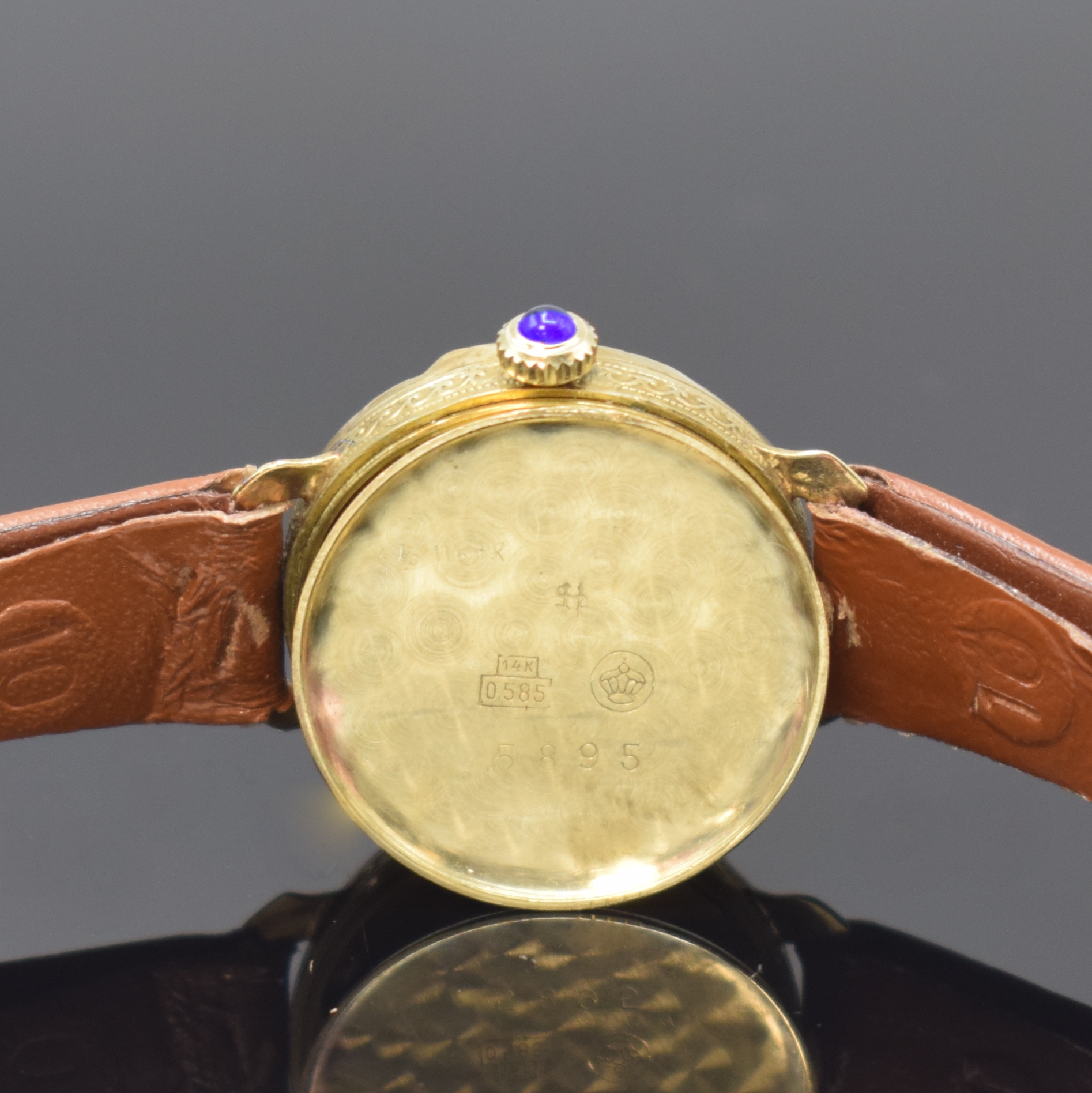 Detail e: HÖHNEL GLASHÜTTE frühe Damenarmbanduhr in GG 585/000, Deutschland um 1925, Handaufzug, Boden aufgedr., Schmuckkrone, champagnerfarb. Zifferbl. m. ...
