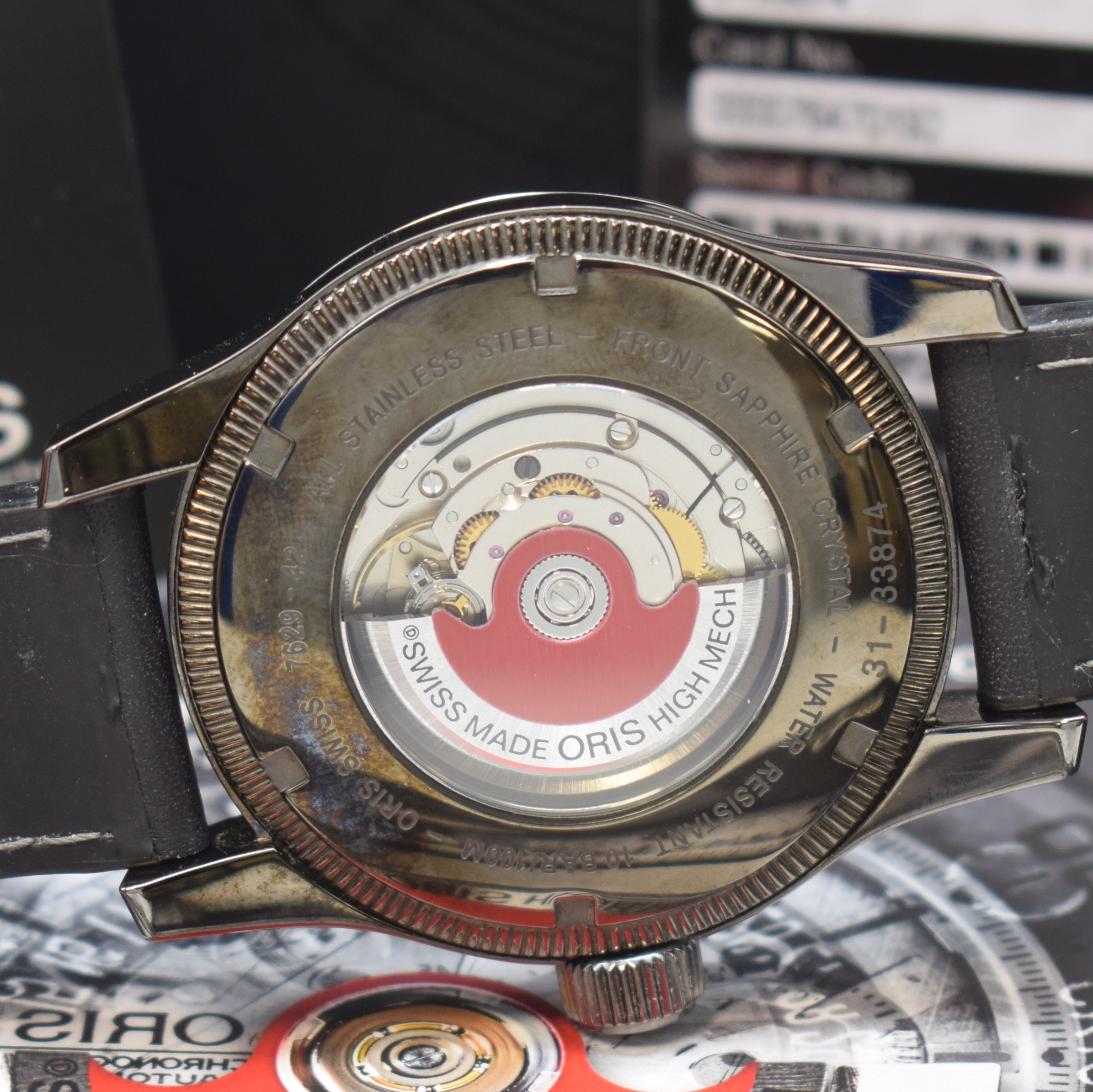 Detail e: ORIS Herrenarmbanduhr Big Crown Referenz 7629-42, Automatik, PVD beschichtetes Edelstahlgeh. inkl. orig. Lederband m. orig. Dornschl., beids. vergl., ...
