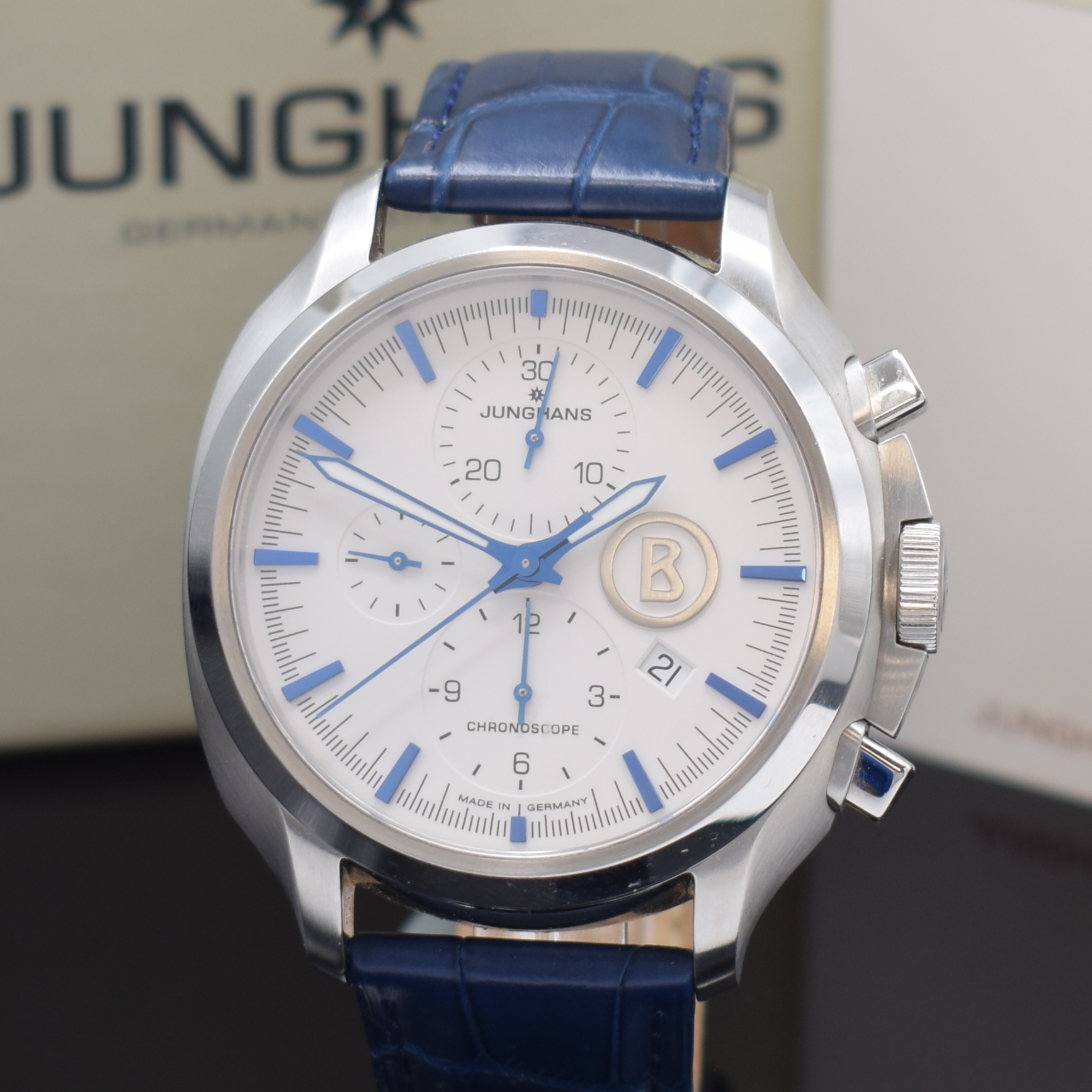 Detail a: JUNGHANS / BOGNER BY JUNGHANS Herrenarmbanduhr Chronoscope Referenz 027/4260.00, Automatik, Edelstahlgeh. inkl. orig. Lederband m. dopp. Faltschl., ...