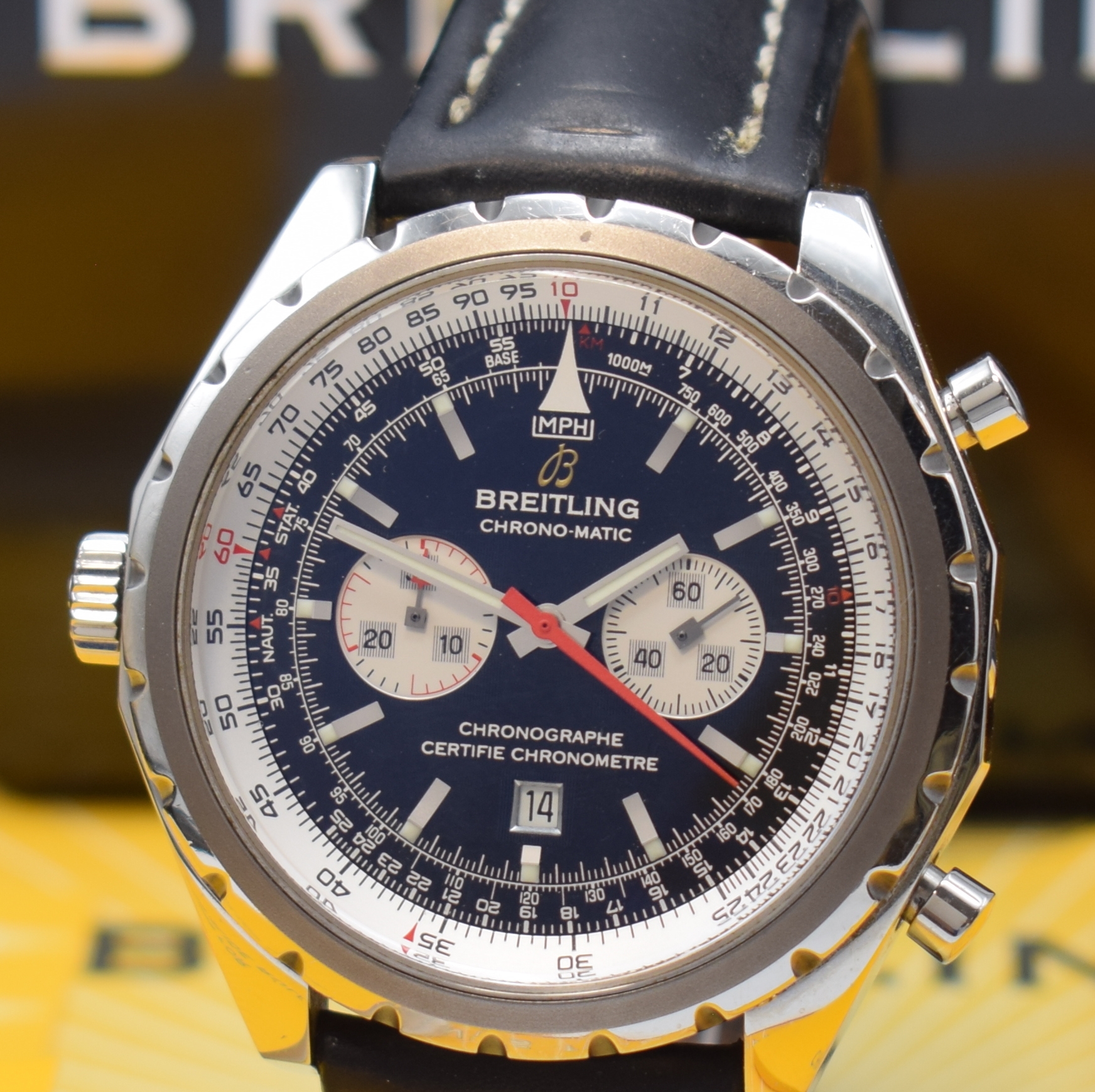 Detail a: BREITLING Armbandchronograph Chrono-Matic Referenz A41360, Automatik, Chronometer in Edelstahl inkl. orig. Lederband (zu ern.) m. orig. Dornschl., ...