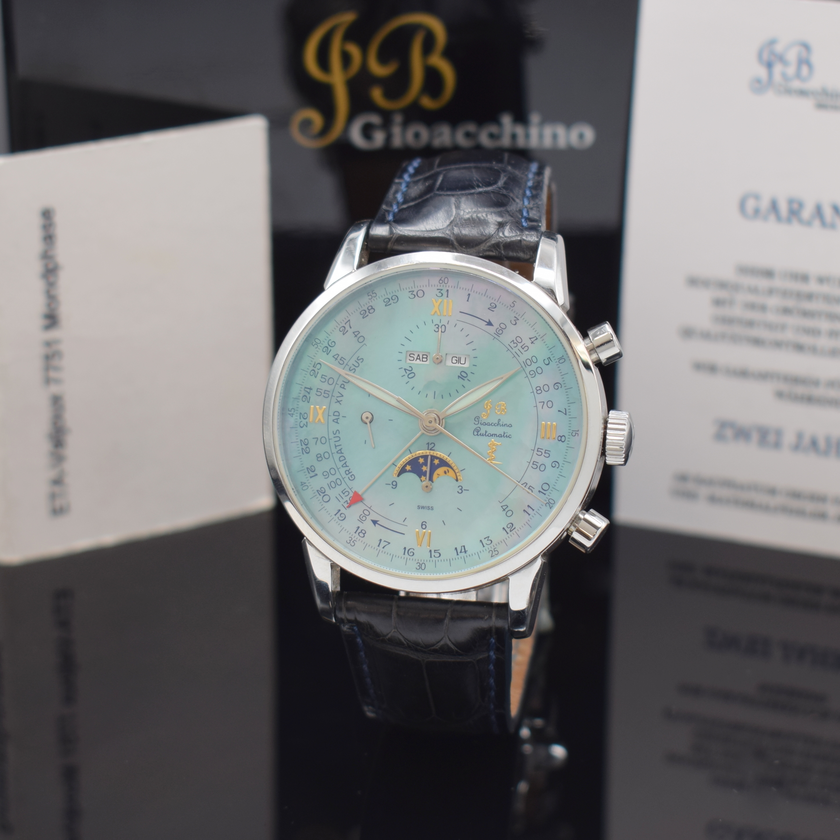 JB GIOCCHINO Armbandchronograph, Schweiz um 2014, Automatik, Edelstahlgeh. inkl. Lederband m. orig. dopp. Faltschl., beids. vergl., Boden aufgedr., ...