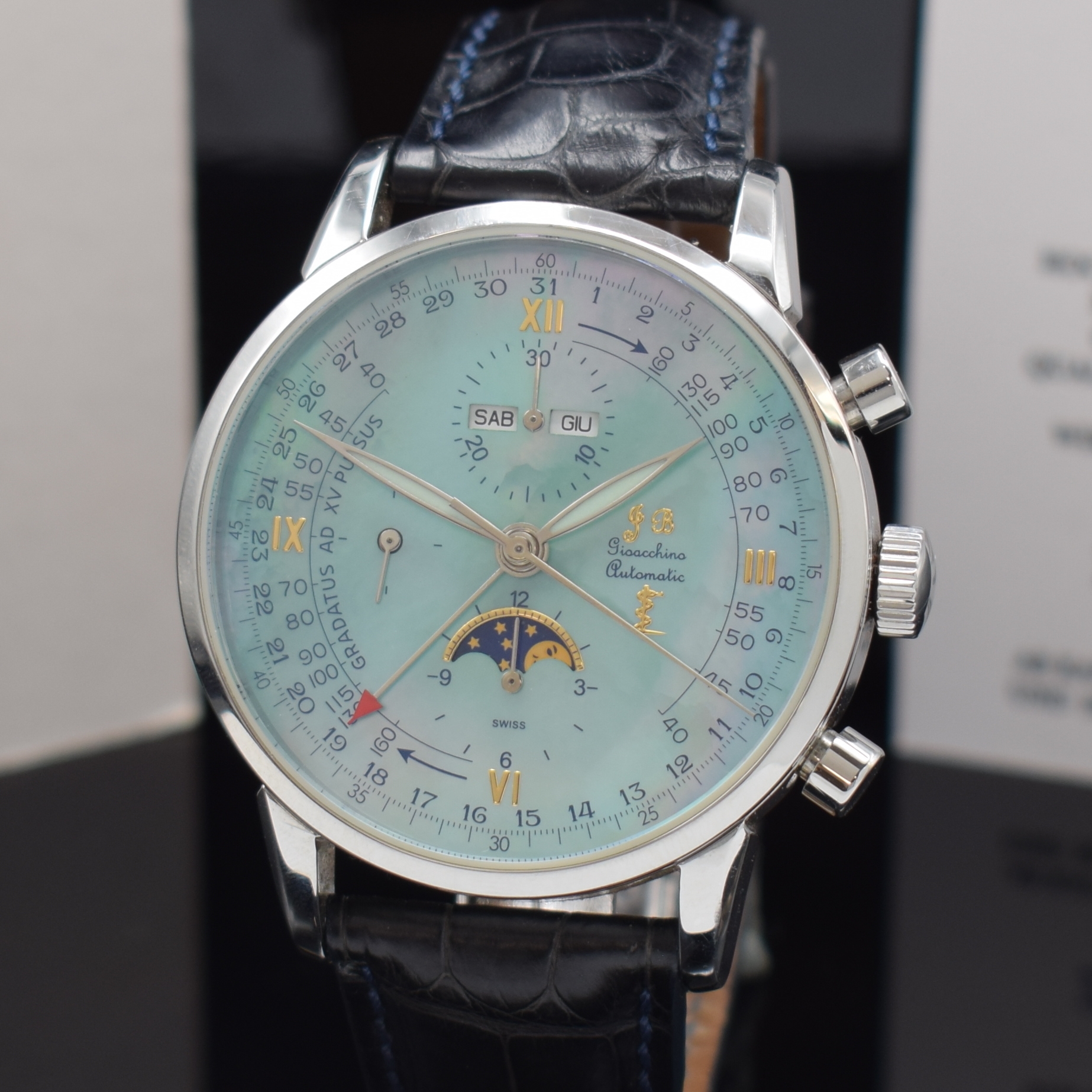 Detail a: JB GIOCCHINO Armbandchronograph, Schweiz um 2014, Automatik, Edelstahlgeh. inkl. Lederband m. orig. dopp. Faltschl., beids. vergl., Boden aufgedr., ...