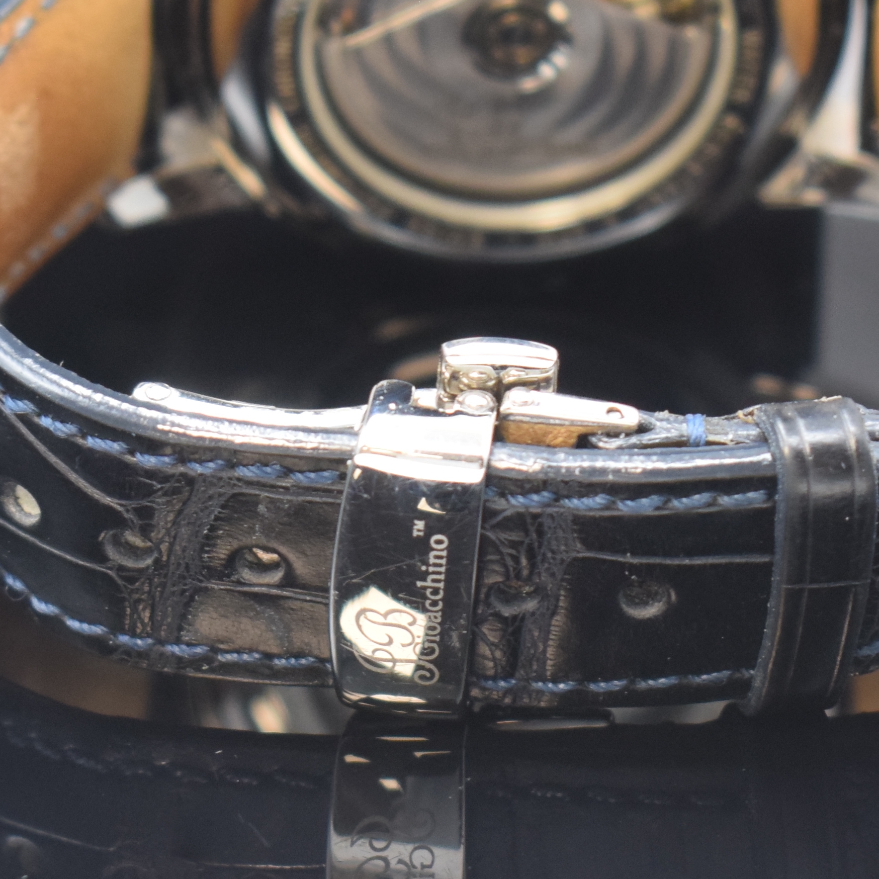 Detail b: JB GIOCCHINO Armbandchronograph, Schweiz um 2014, Automatik, Edelstahlgeh. inkl. Lederband m. orig. dopp. Faltschl., beids. vergl., Boden aufgedr., ...