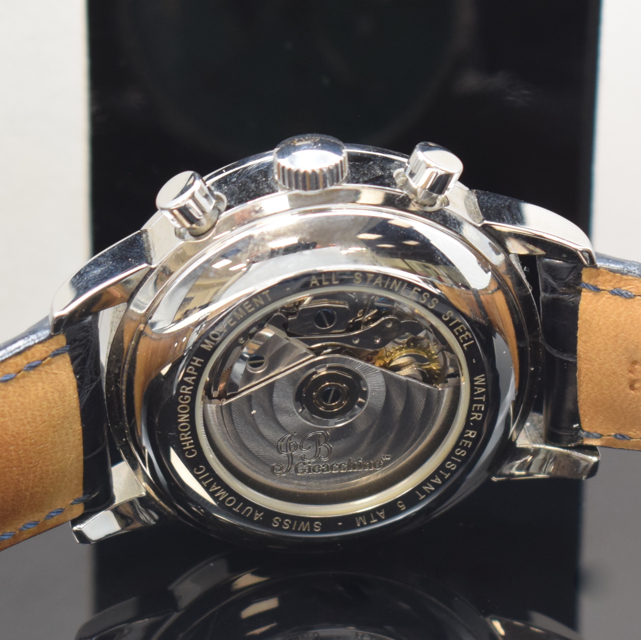Detail d: JB GIOCCHINO Armbandchronograph, Schweiz um 2014, Automatik, Edelstahlgeh. inkl. Lederband m. orig. dopp. Faltschl., beids. vergl., Boden aufgedr., ...