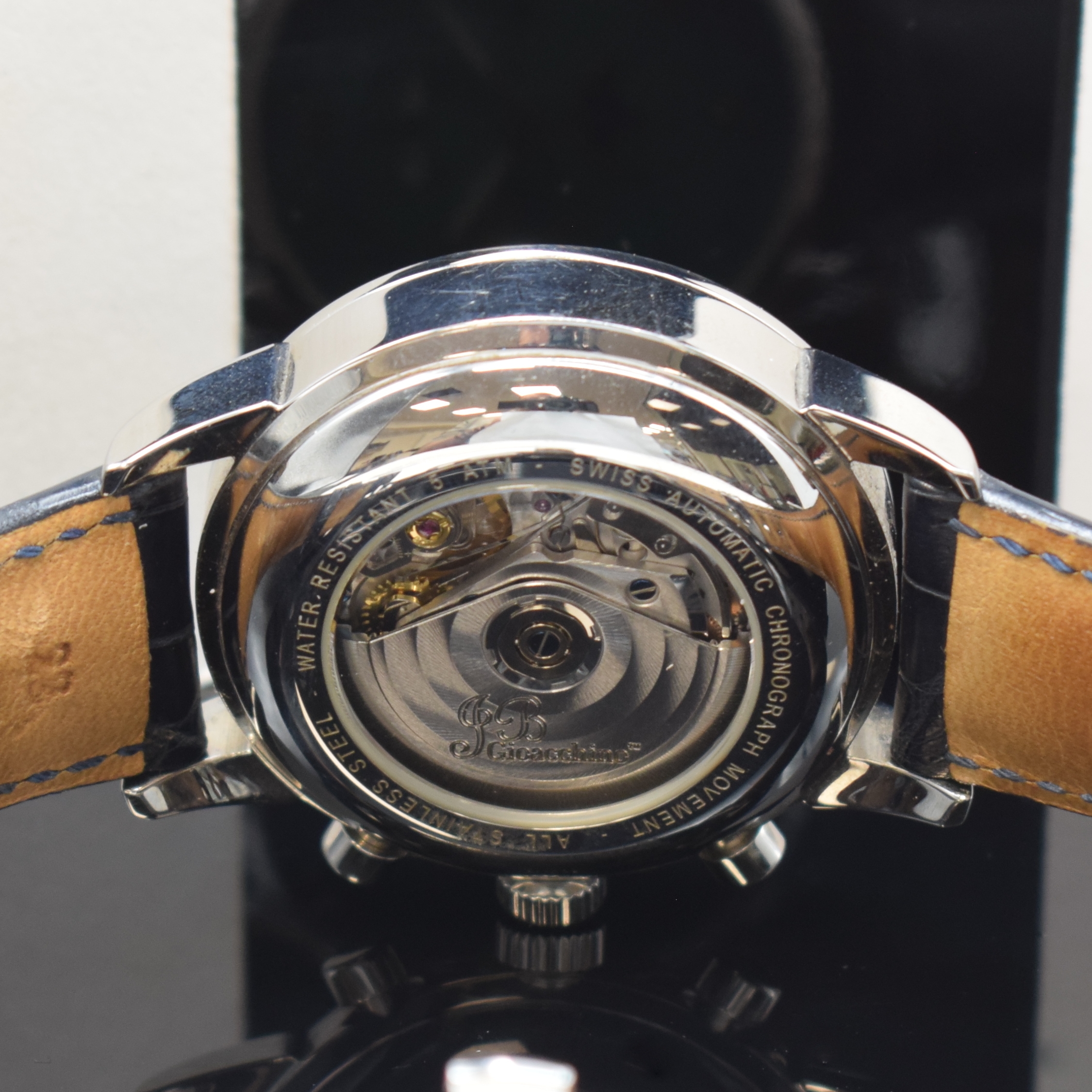 Detail e: JB GIOCCHINO Armbandchronograph, Schweiz um 2014, Automatik, Edelstahlgeh. inkl. Lederband m. orig. dopp. Faltschl., beids. vergl., Boden aufgedr., ...