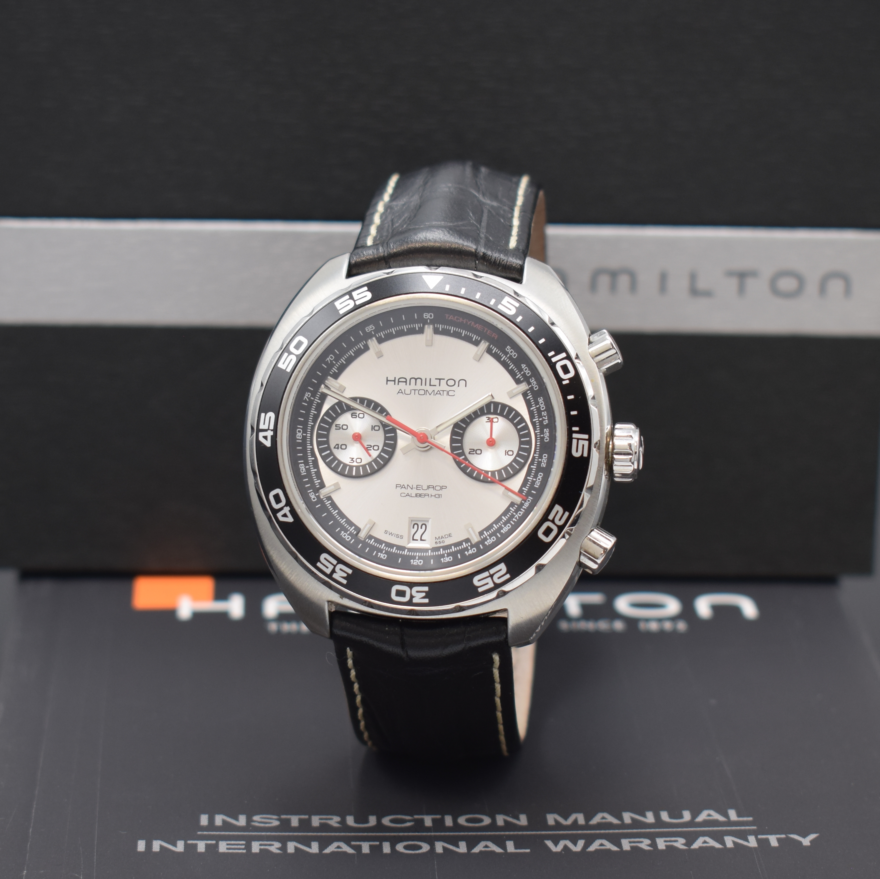 HAMILTON Armbandchronograph PAN-EUROP Referenz H357560, Automatik, Edelstahlgeh. inkl. orig. Lederband m. orig. Dornschl., beids. vergl., Boden ...