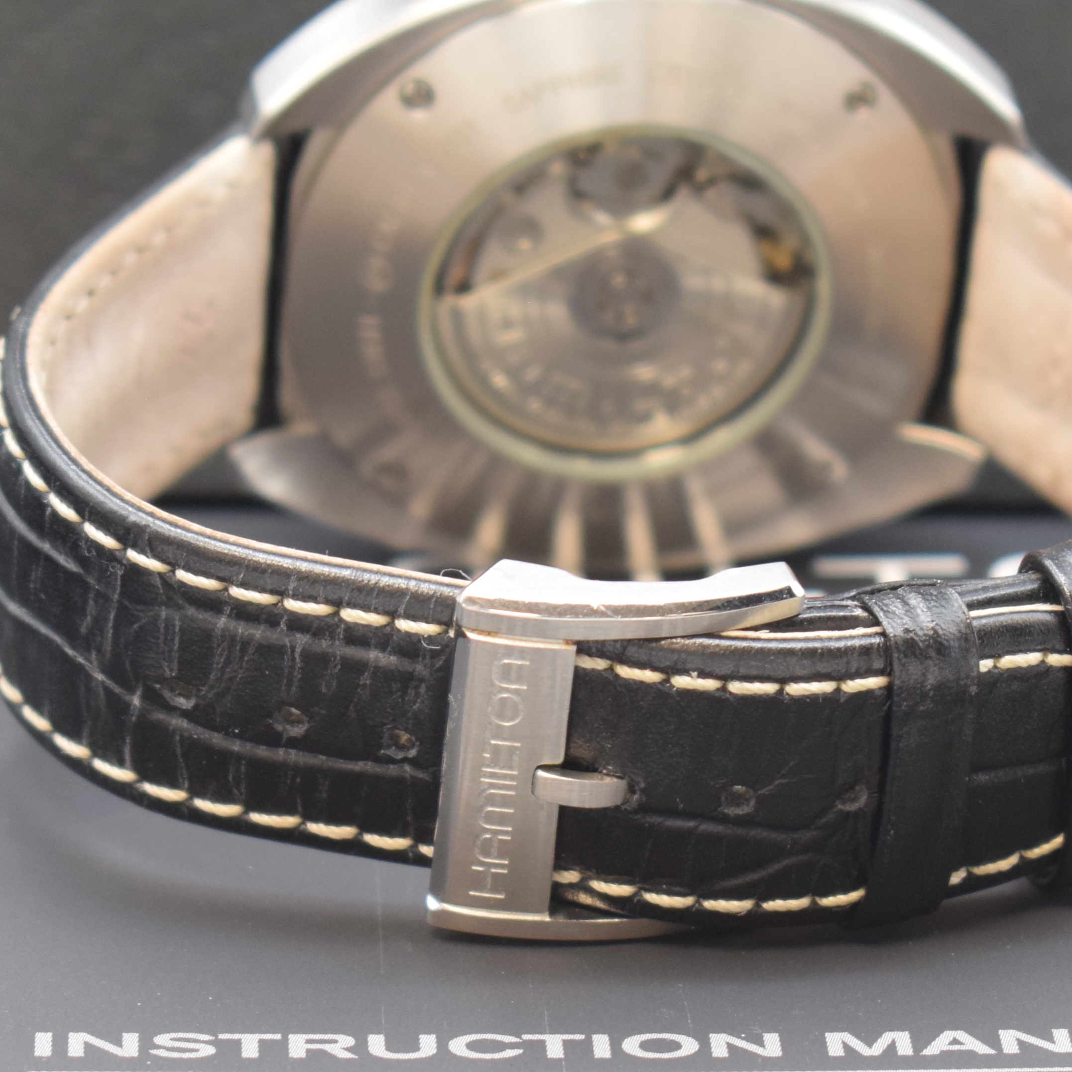 Detail b: HAMILTON Armbandchronograph PAN-EUROP Referenz H357560, Automatik, Edelstahlgeh. inkl. orig. Lederband m. orig. Dornschl., beids. vergl., Boden ...