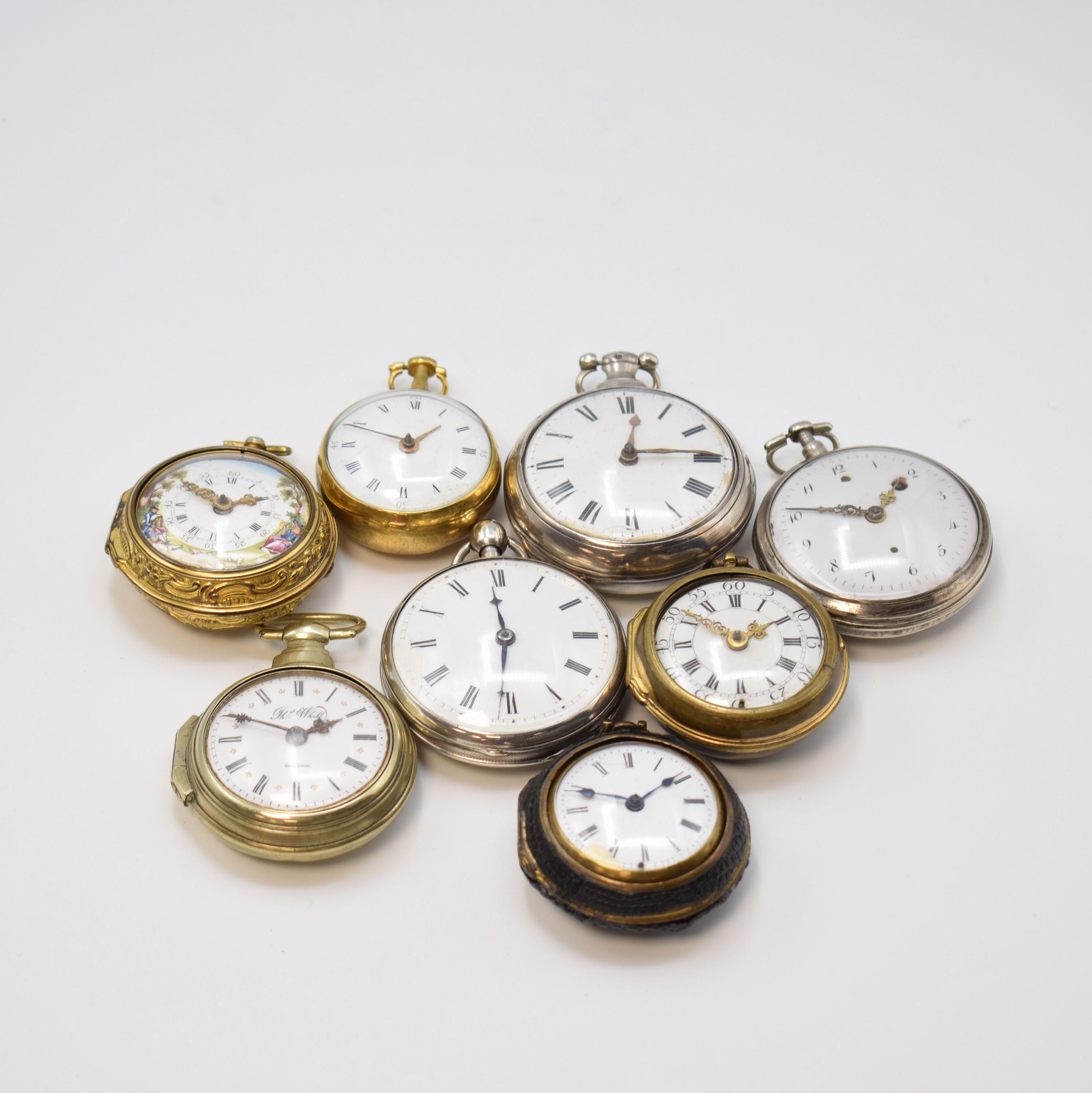 GEO. CLARK London vergoldete Repousse- Spindeltaschenuhr und 7 weitere Spindeluhren, England/Schweiz ca. 1760-1830, 6 x England, 5 x m. Übergeh., 4 ...