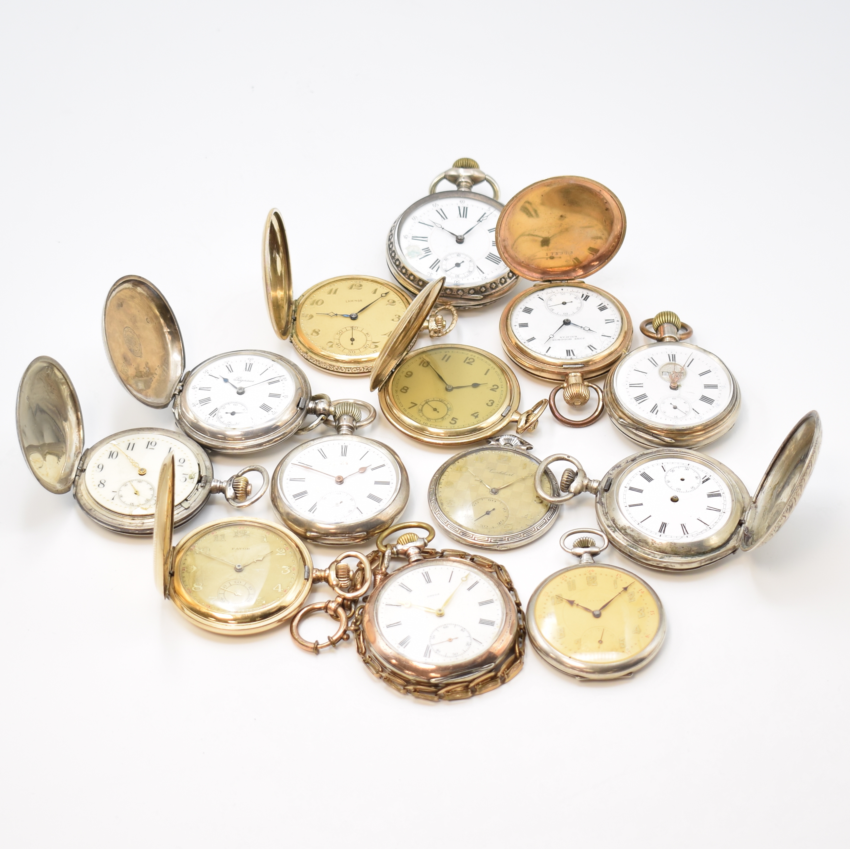 J. KRAUT, Mannheim ausgefallene Kalender- Taschenuhr und 12 weitere Taschenuhren, Schweiz ca. 1870 - 1930, Ankerwerke, 12 x Kronenaufzug, 9 x Silber, ...