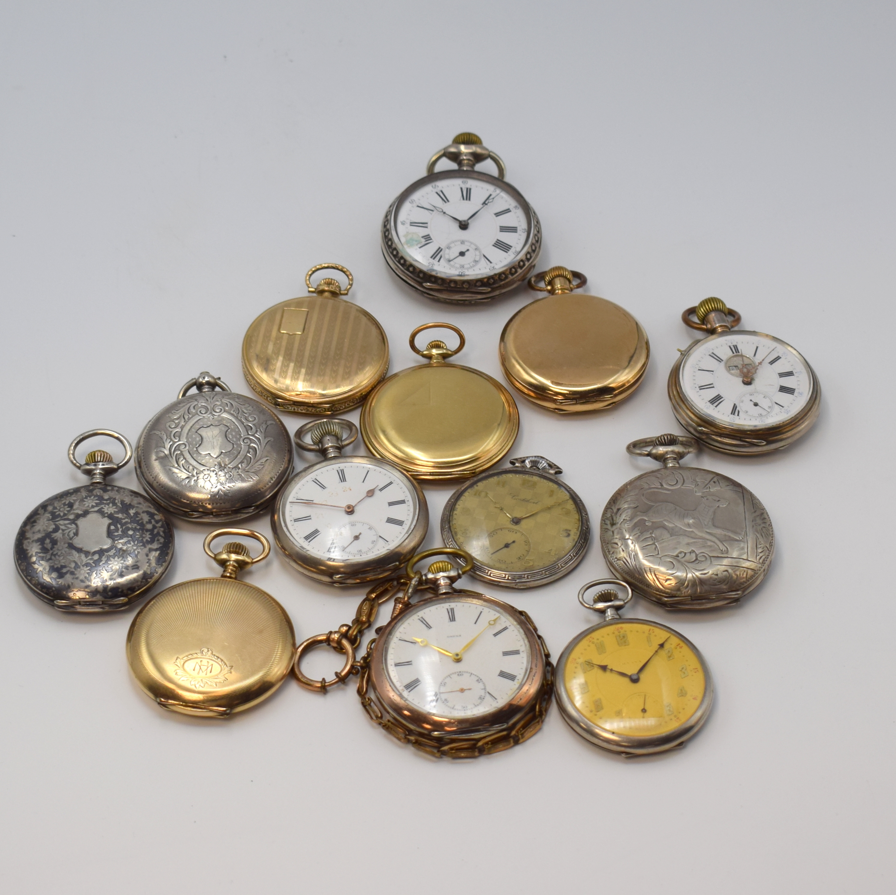 Detail d: J. KRAUT, Mannheim ausgefallene Kalender- Taschenuhr und 12 weitere Taschenuhren, Schweiz ca. 1870 - 1930, Ankerwerke, 12 x Kronenaufzug, 9 x Silber, ...
