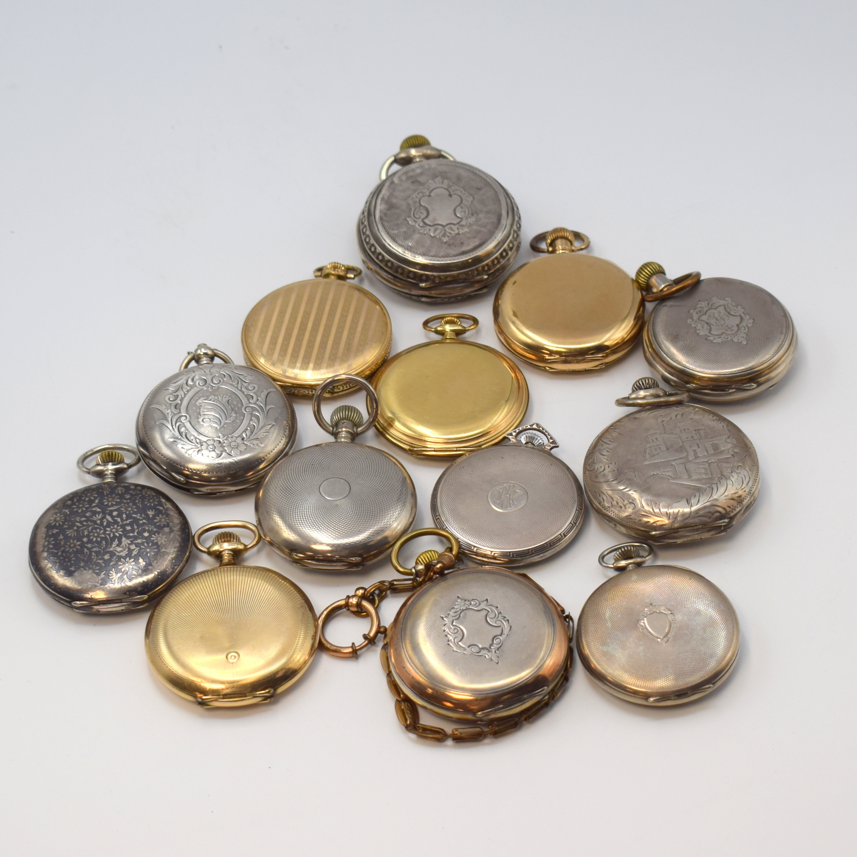 Detail e: J. KRAUT, Mannheim ausgefallene Kalender- Taschenuhr und 12 weitere Taschenuhren, Schweiz ca. 1870 - 1930, Ankerwerke, 12 x Kronenaufzug, 9 x Silber, ...
