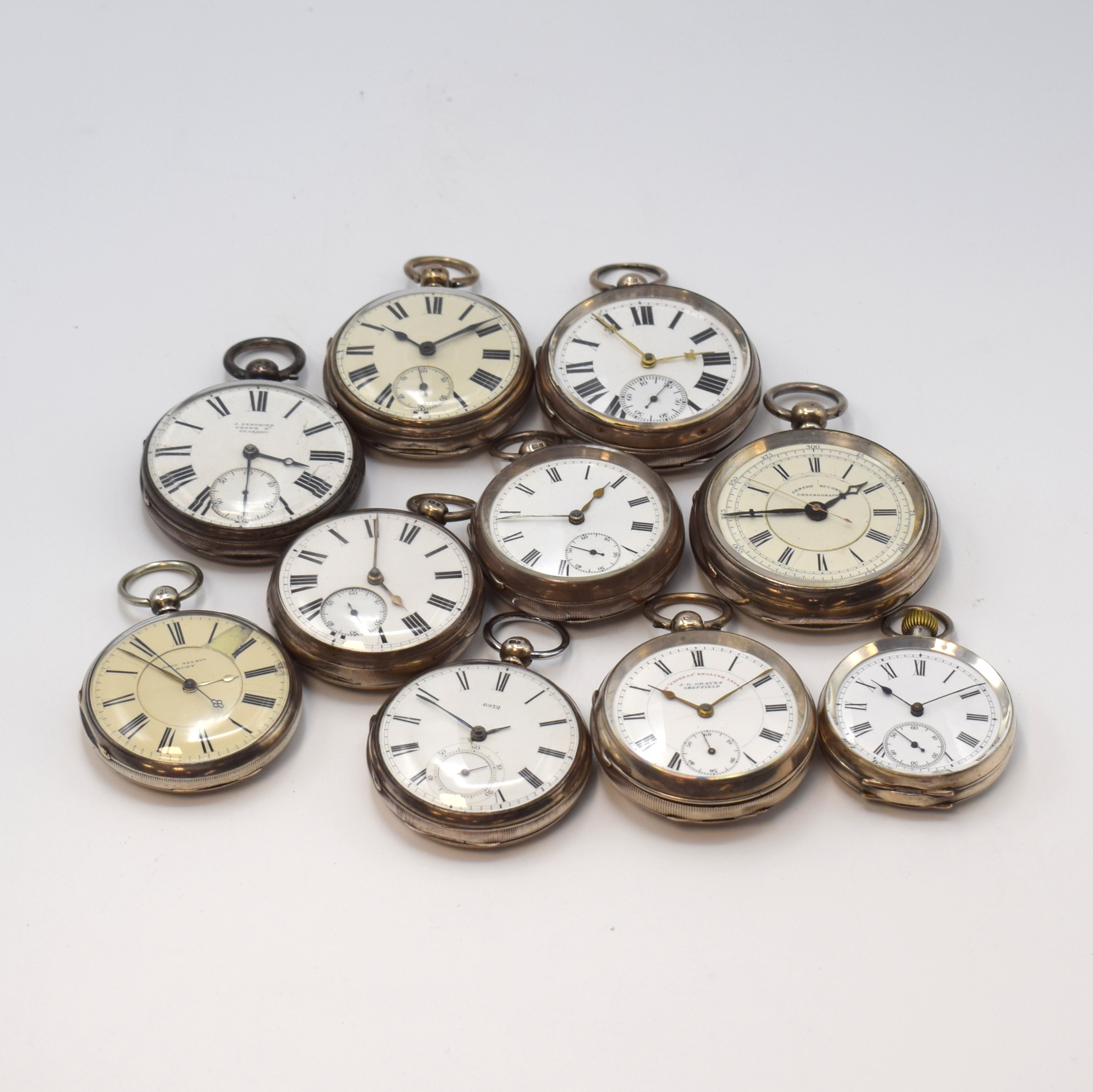 Konvolut: 10 offene Sterlingsilber- Taschenuhren, England / Schweiz ca. 1860 - 1900, 9 x Spitzzahnanker m. Schlüsselaufzug, 1 x ...