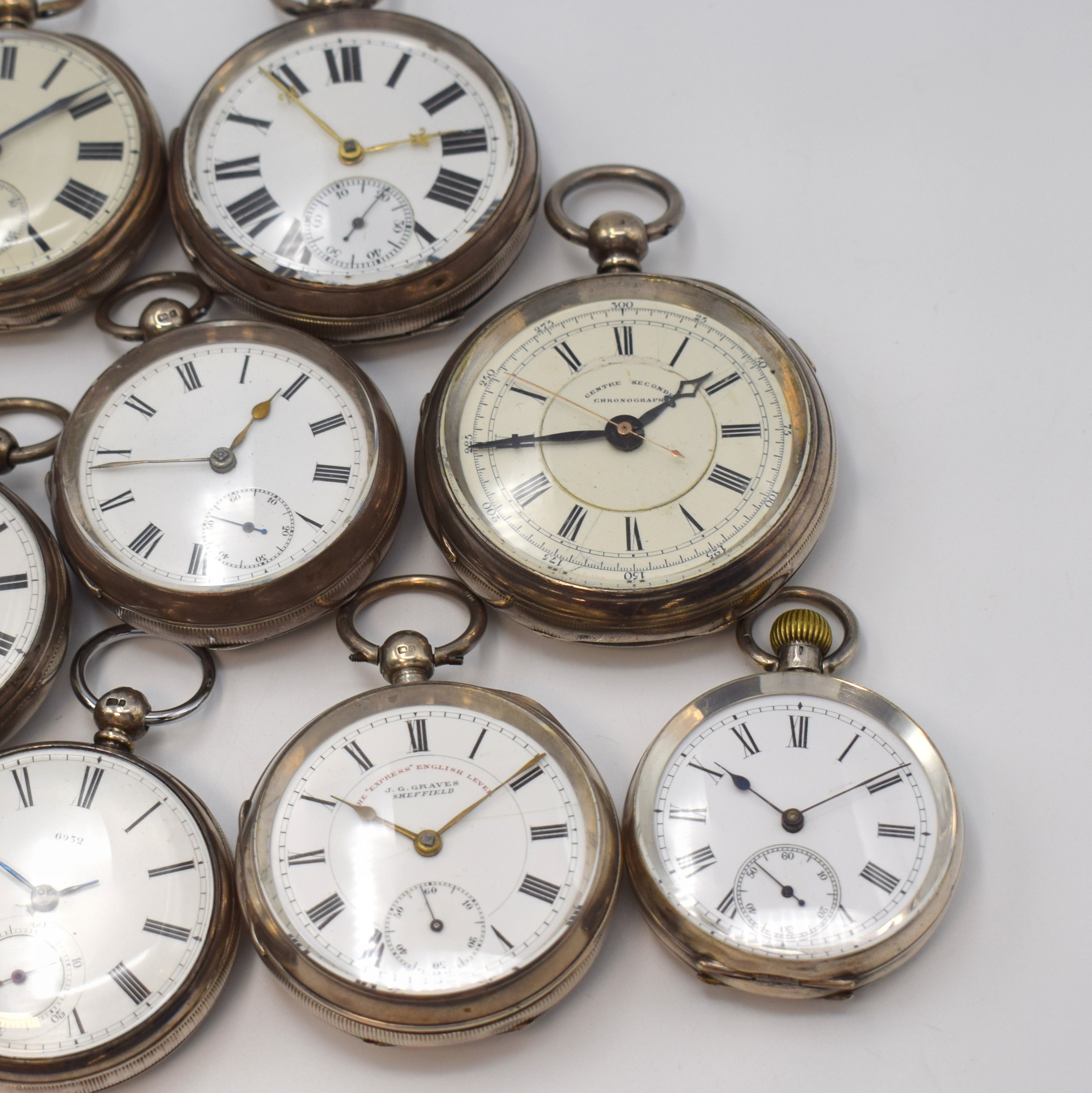 Detail b: Konvolut: 10 offene Sterlingsilber- Taschenuhren, England / Schweiz ca. 1860 - 1900, 9 x Spitzzahnanker m. Schlüsselaufzug, 1 x ...