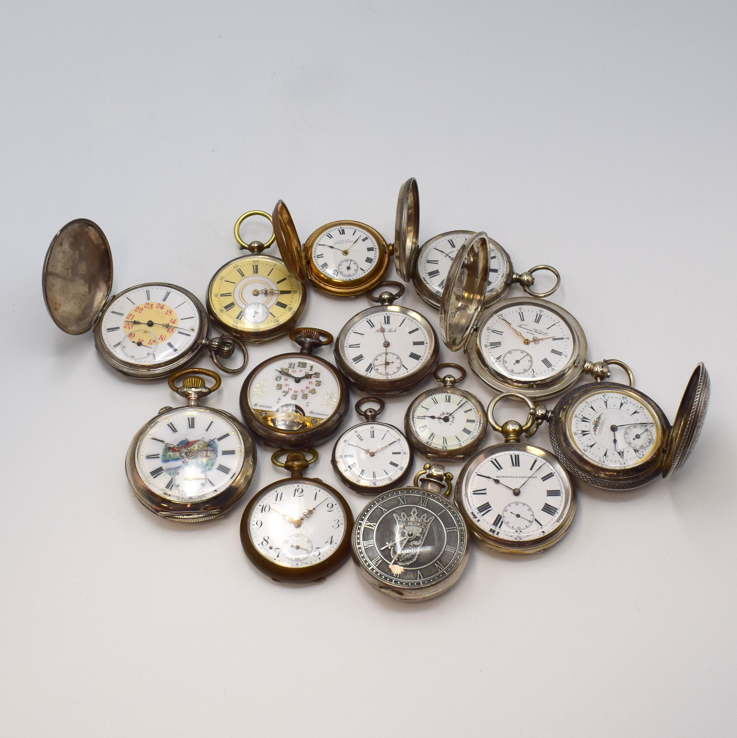 GRINBERG & REICHMANN offene Silbertaschenuhr sowie 13 weitere Taschenuhren, Schweiz / England ca. 1838 - 1920, 11 x Schlüsselaufzug, 3 x ...