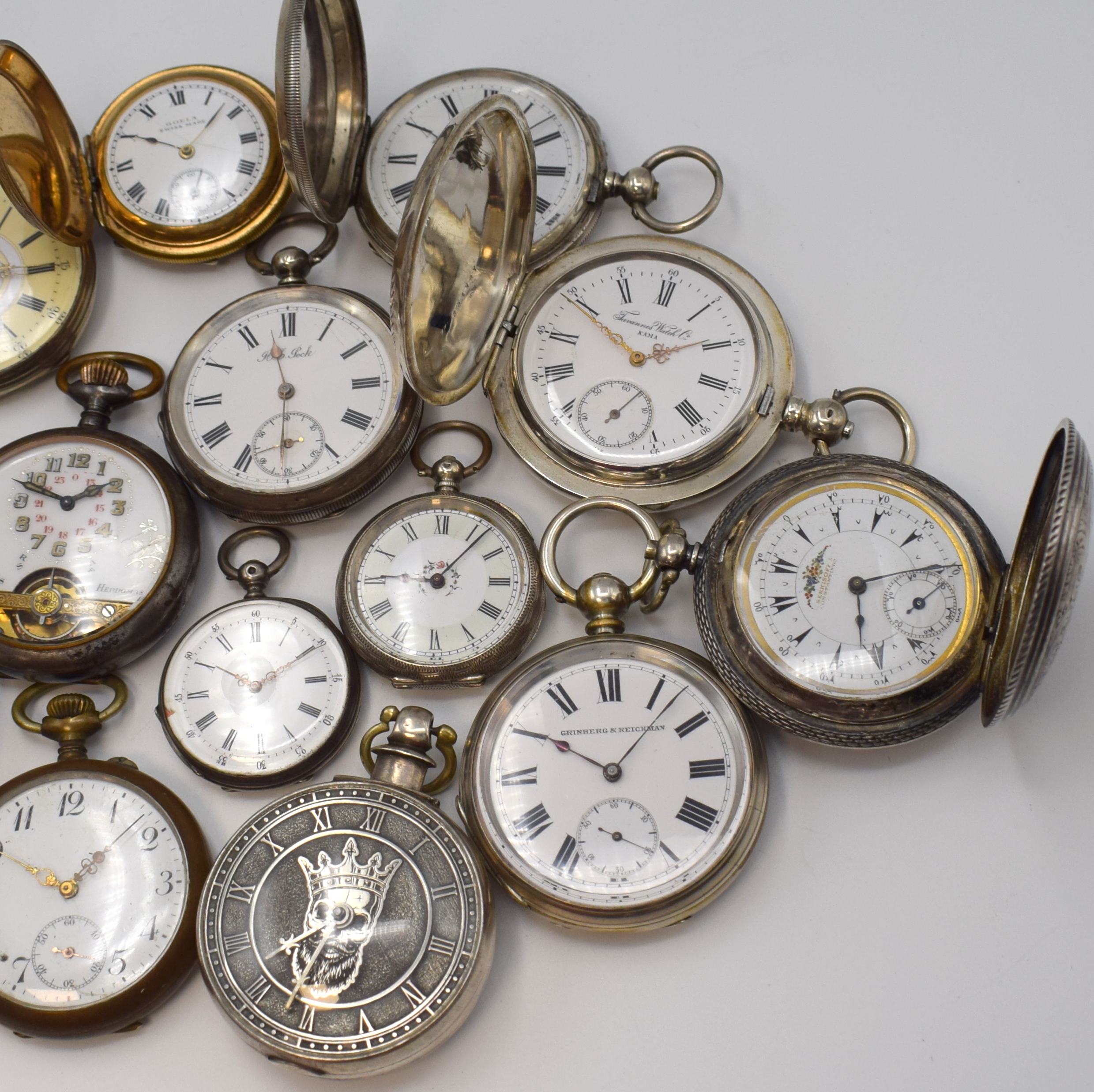 Detail b: GRINBERG & REICHMANN offene Silbertaschenuhr sowie 13 weitere Taschenuhren, Schweiz / England ca. 1838 - 1920, 11 x Schlüsselaufzug, 3 x ...