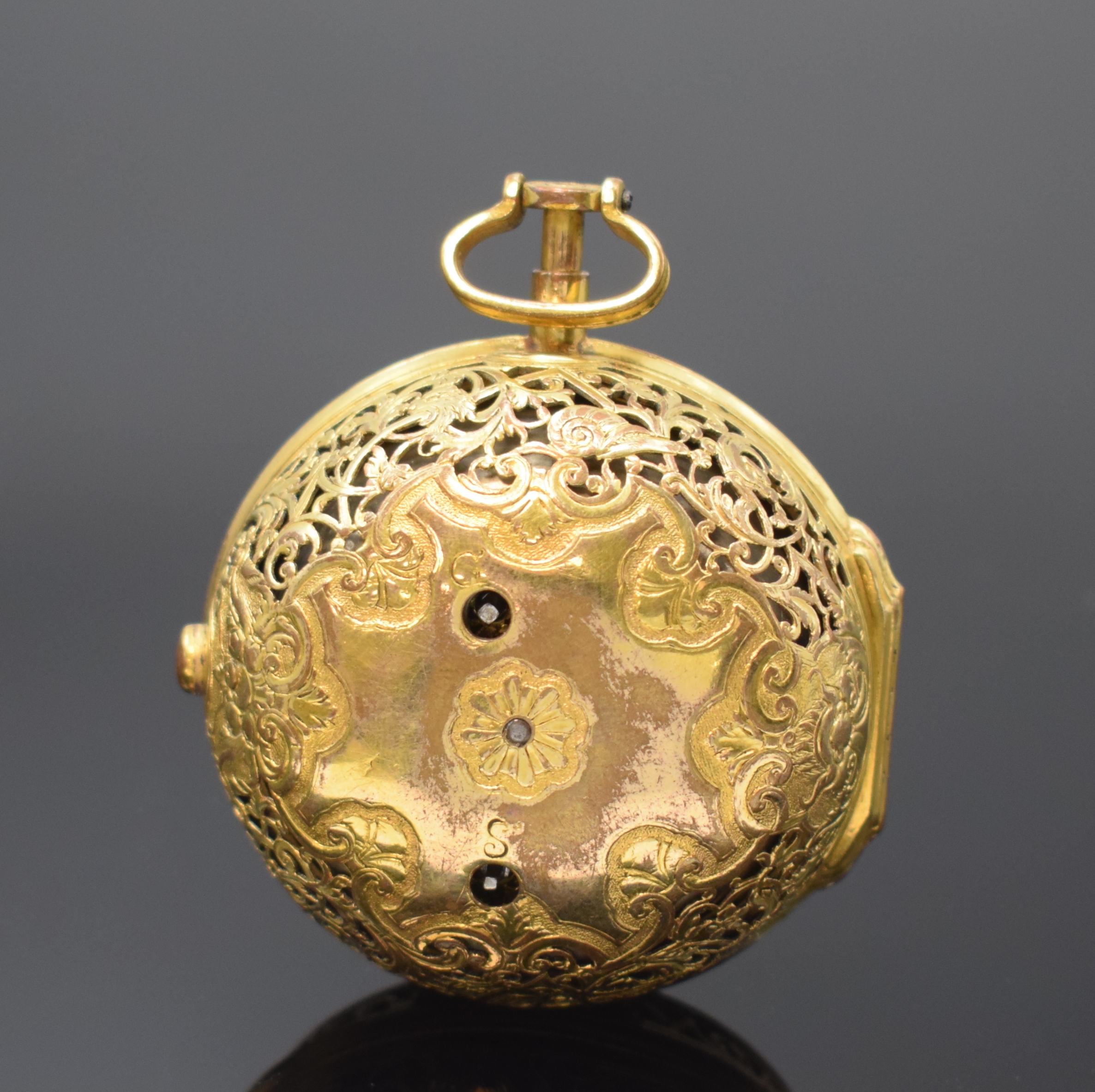 Detail a: JOSEPH GEYMÜLLER Groß-Glogau seltene Spindeltaschenuhr mit 1/4-Stunden-Repetition und Stunden-Selbstschlag, Deutschland um 1720, verg. durchbr. u. ...