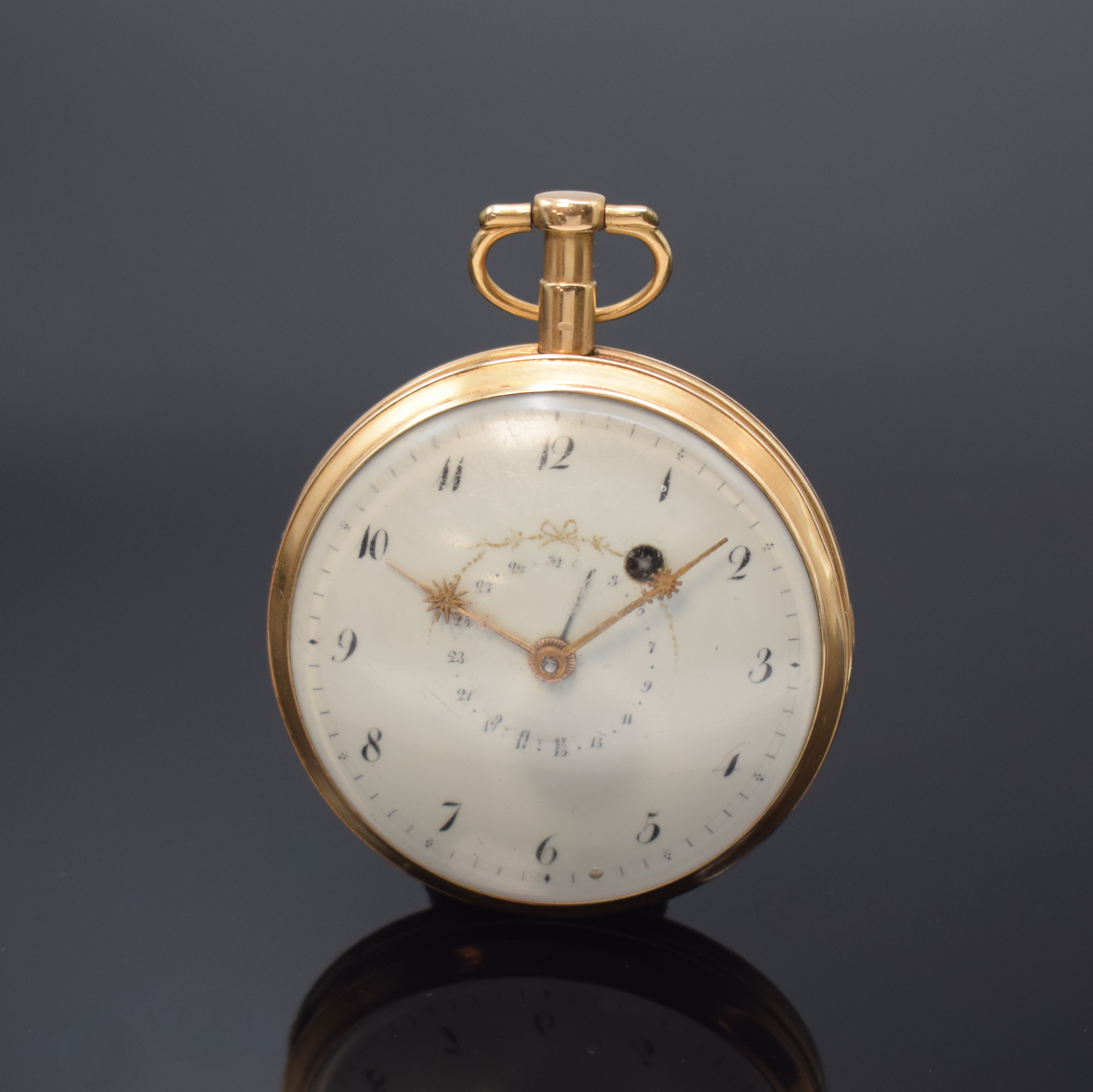 J SAUTREUIL Rose Legros Spindeltaschenuhr mit Datum in RoseG 750/000, Frankreich um 1800, glattes Geh. dell., Emailzifferbl. m. Breguetzahlen, zentr. ...
