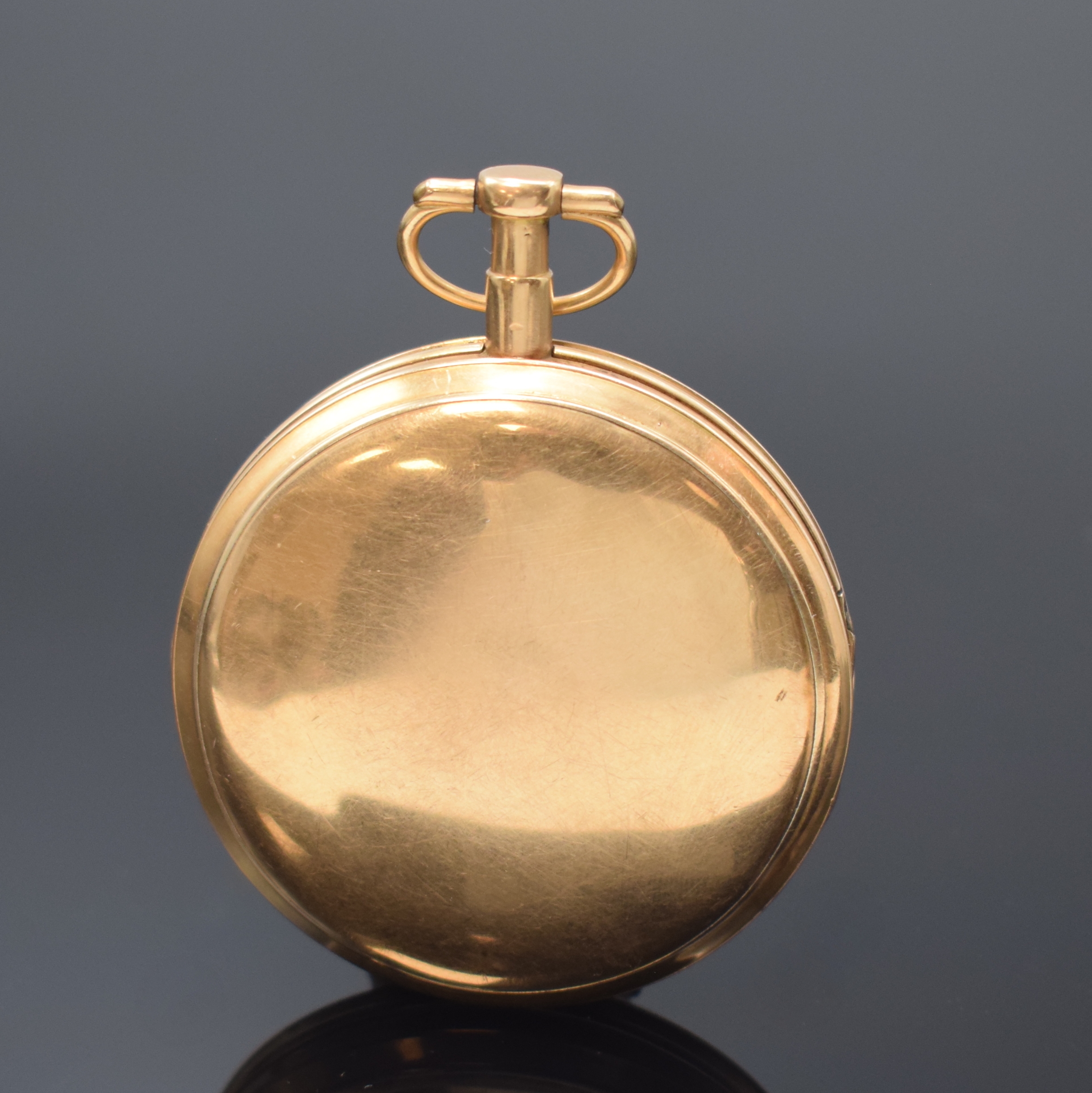 Detail a: J SAUTREUIL Rose Legros Spindeltaschenuhr mit Datum in RoseG 750/000, Frankreich um 1800, glattes Geh. dell., Emailzifferbl. m. Breguetzahlen, zentr. ...