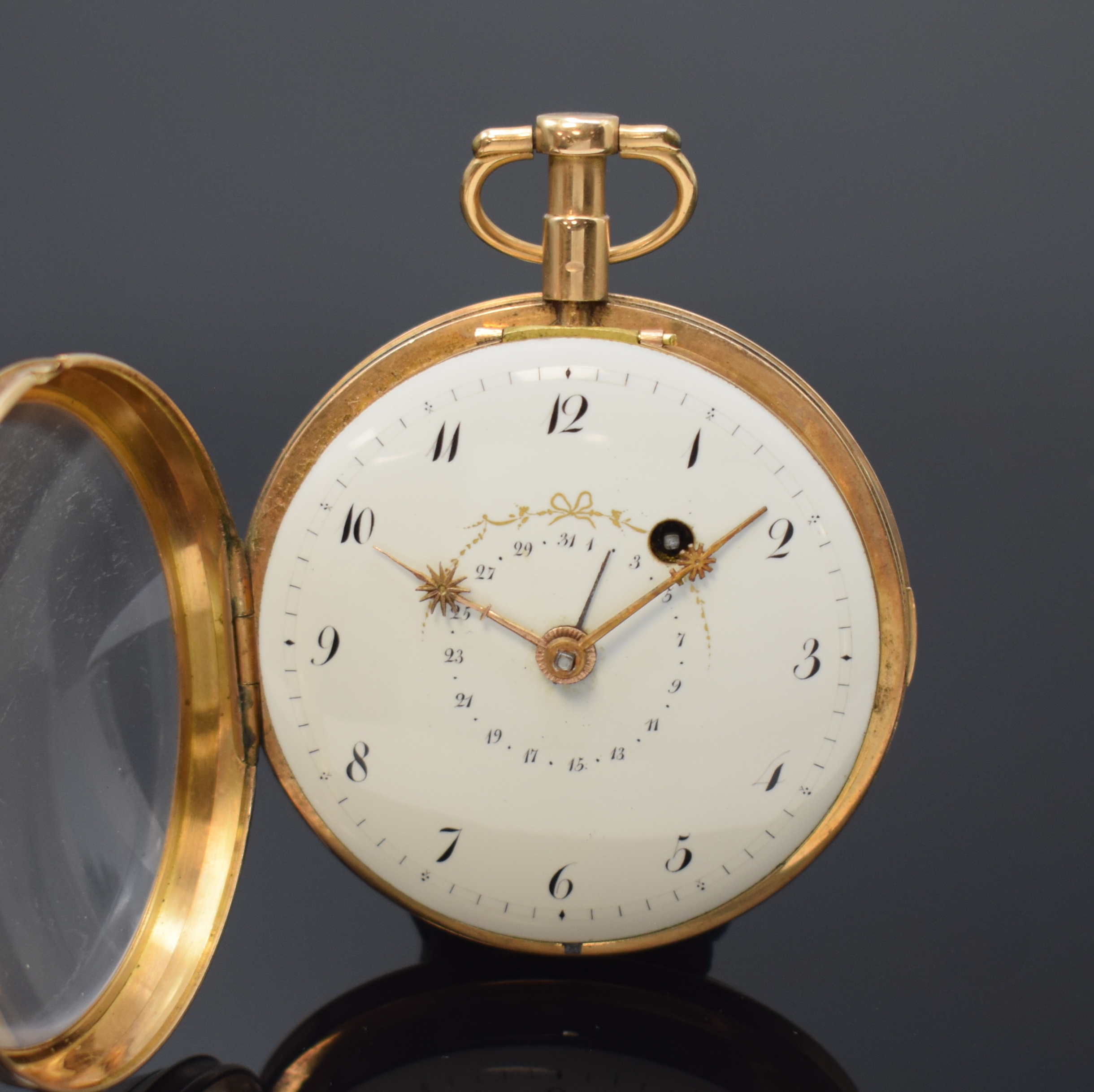 Detail f: J SAUTREUIL Rose Legros Spindeltaschenuhr mit Datum in RoseG 750/000, Frankreich um 1800, glattes Geh. dell., Emailzifferbl. m. Breguetzahlen, zentr. ...