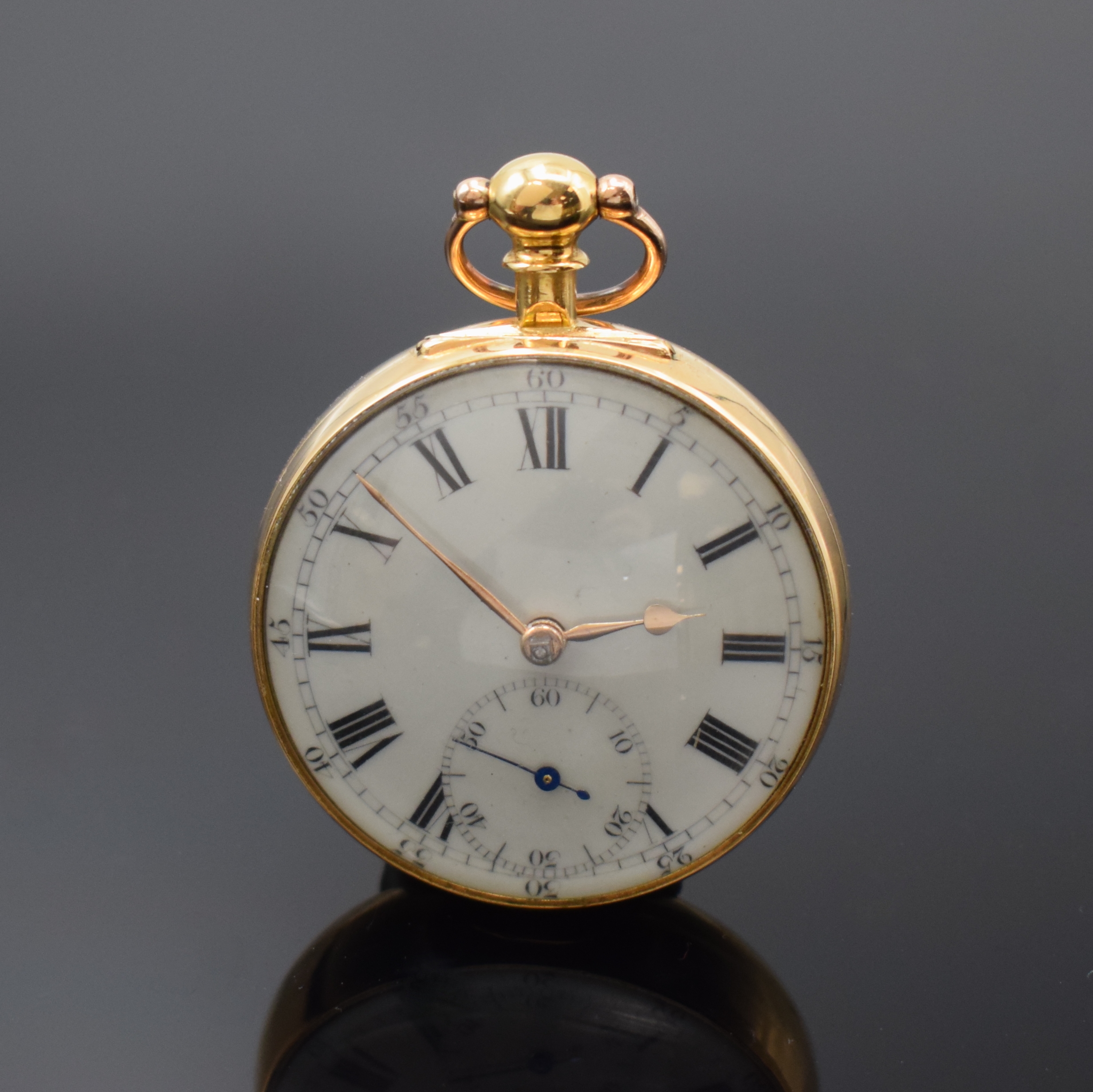 ALEX CAMERON DUNDEE Taschenuhr in GG 750/000, London Hallmark 1818, Schlüsselaufzug, glattes Geh., Übergeh. fehlt, Emailzifferbl. rest., orig. ...