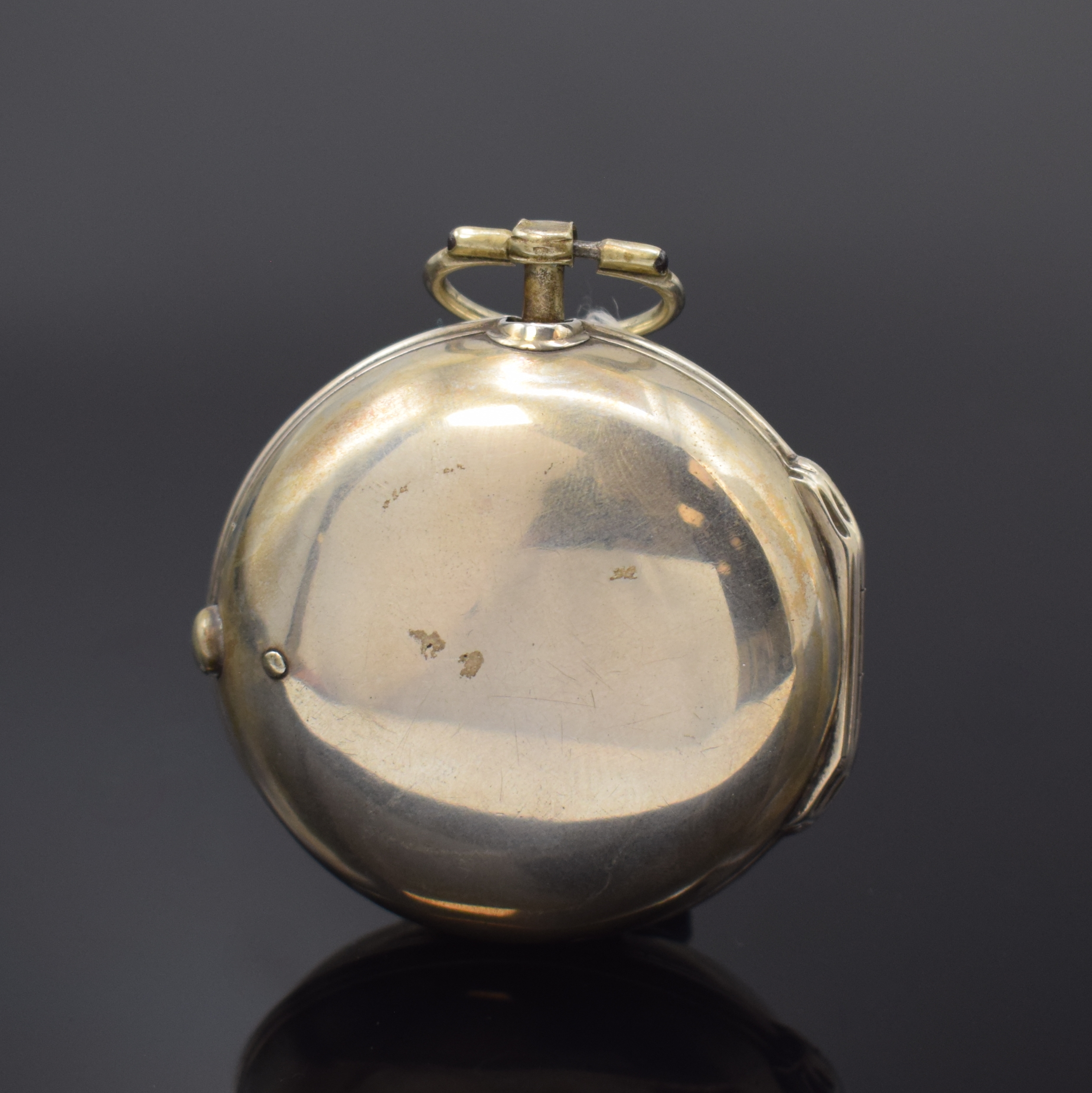 Detail a: JOS. RIGBY London frühe Zylindertaschenuhr mit Übergehäuse in Silber, London Hallmark 1754, glattes Geh., Bügel u. Übergeh. später, ...