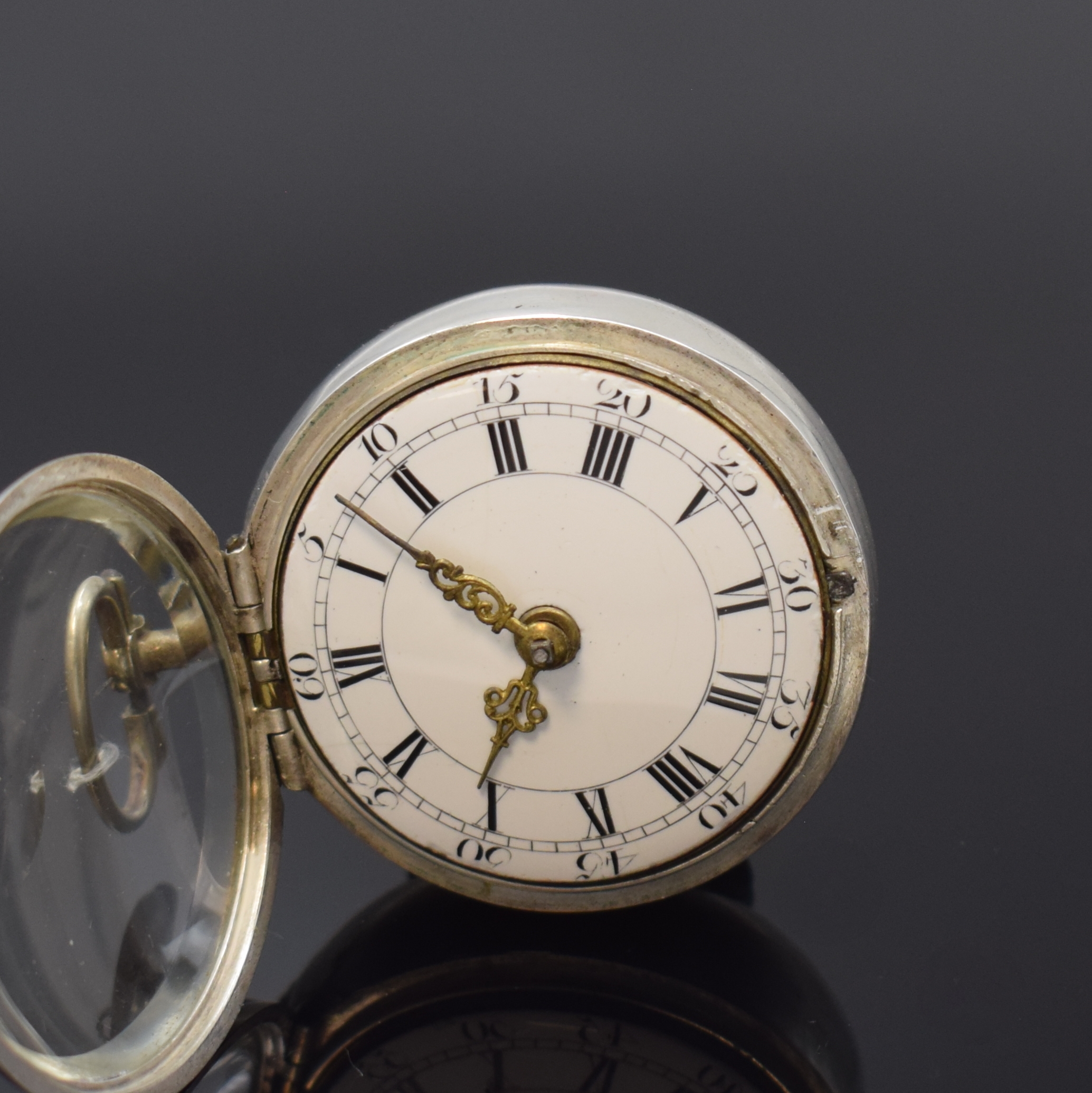 Detail c: JOS. RIGBY London frühe Zylindertaschenuhr mit Übergehäuse in Silber, London Hallmark 1754, glattes Geh., Bügel u. Übergeh. später, ...