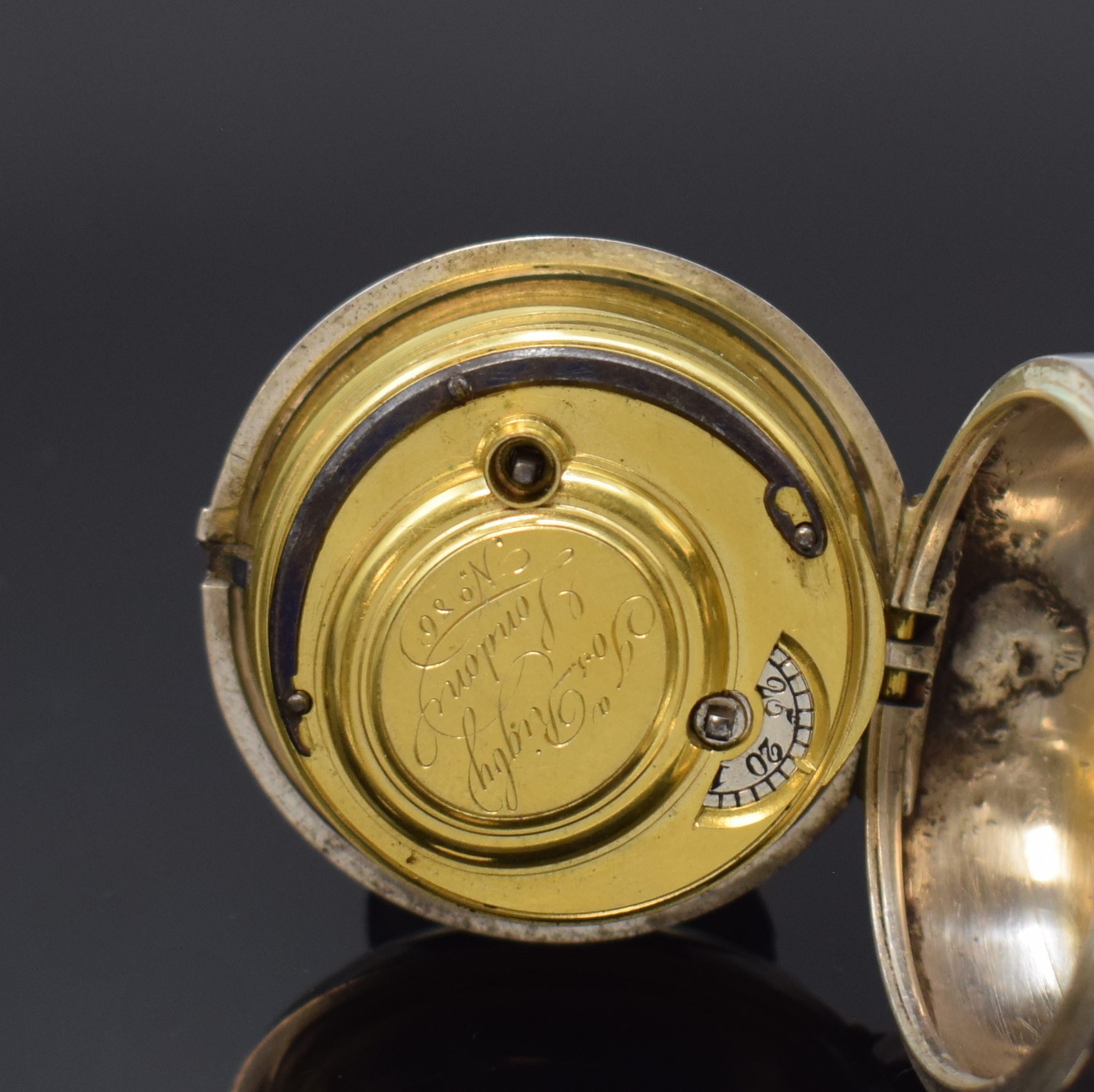 Detail d: JOS. RIGBY London frühe Zylindertaschenuhr mit Übergehäuse in Silber, London Hallmark 1754, glattes Geh., Bügel u. Übergeh. später, ...