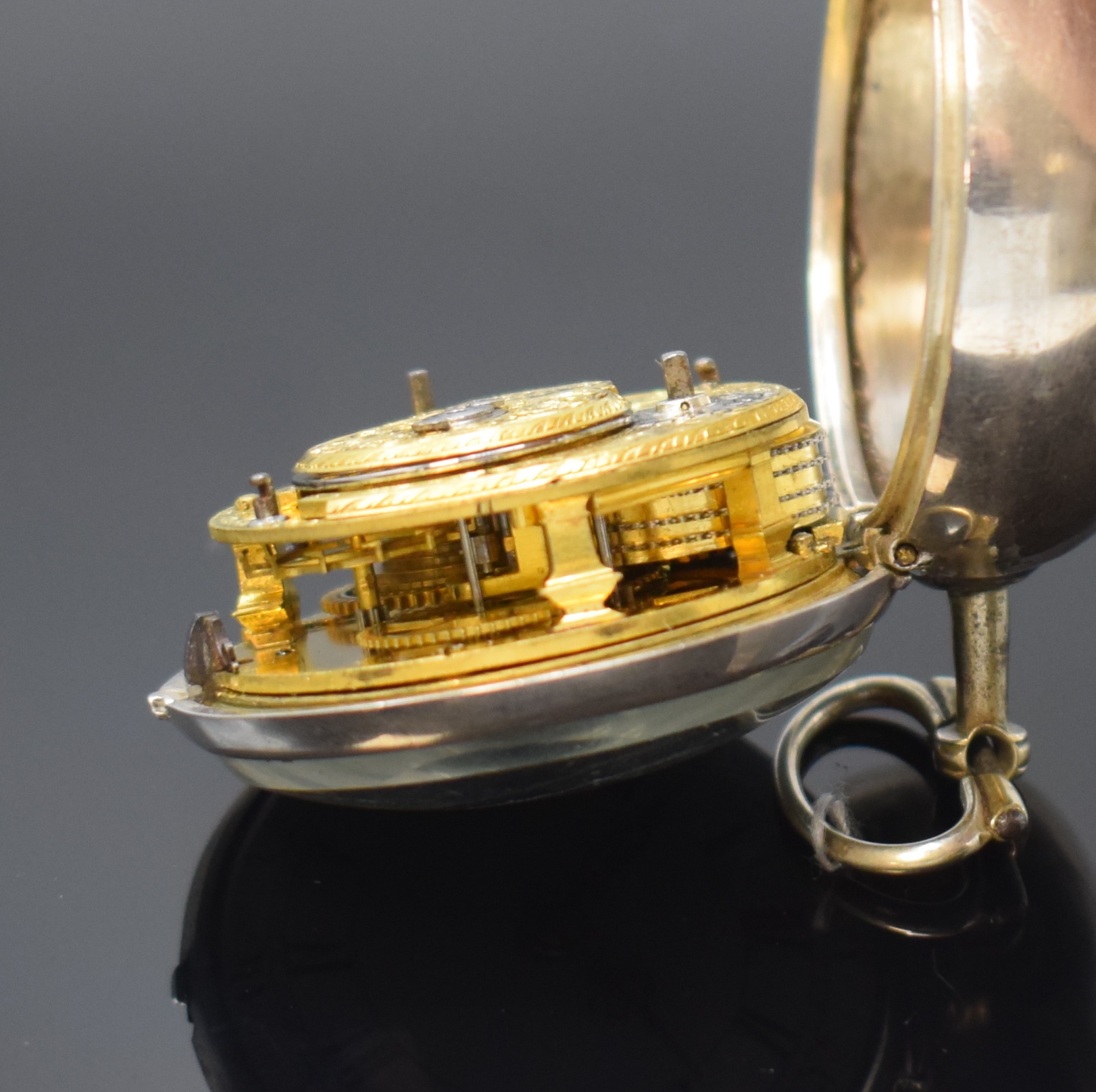 Detail h: JOS. RIGBY London frühe Zylindertaschenuhr mit Übergehäuse in Silber, London Hallmark 1754, glattes Geh., Bügel u. Übergeh. später, ...