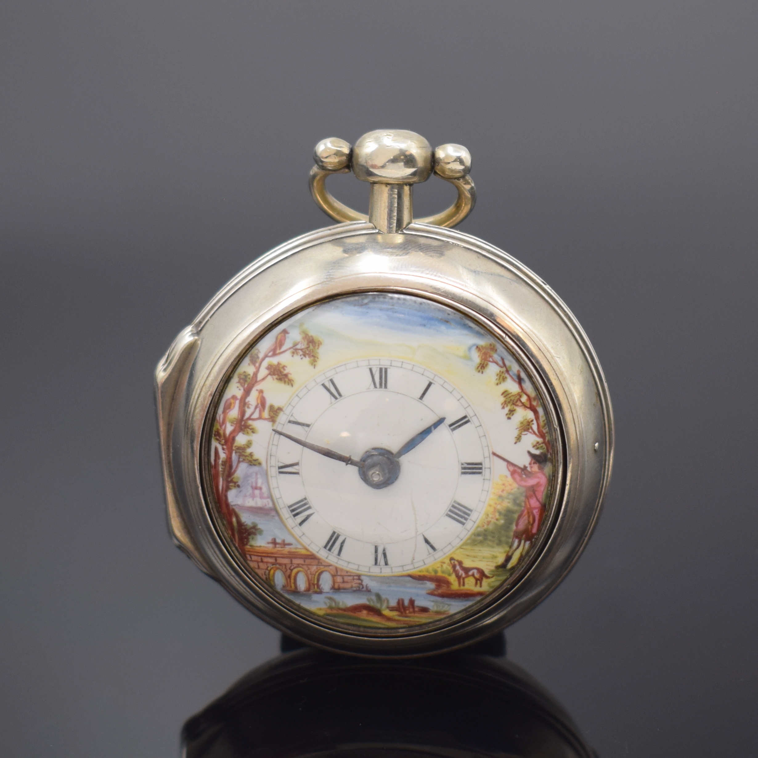 Joe DOWNES London Spindeluhr mit Übergehäuse in Silber, London Hallmark 1772, glatte Geh. dell., Übergeh. m. großem Außenscharnier u. ...