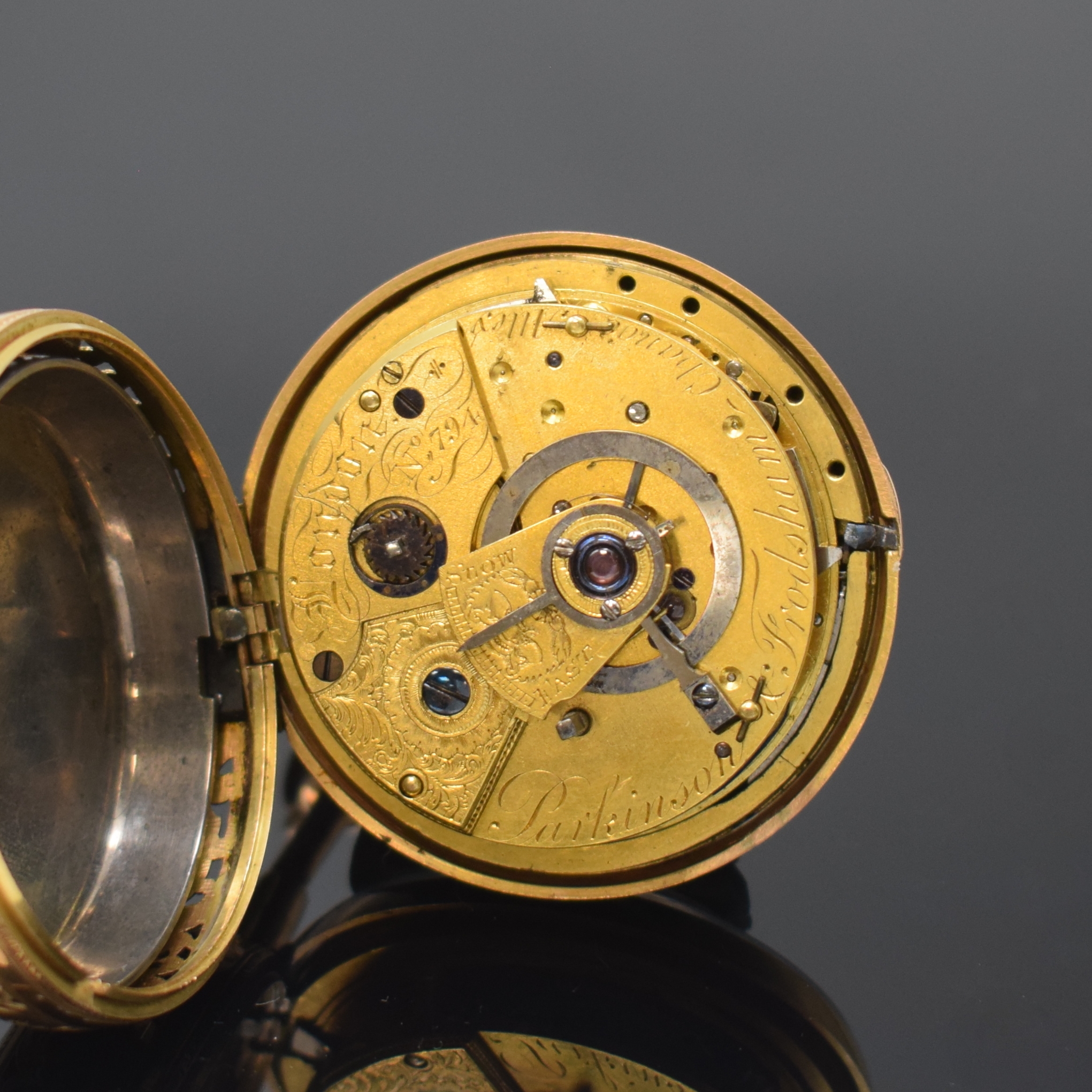 Detail e: PARKINSON & FRODSHAM London Taschenuhr mit 1/4-Repetition und Duplexhemmung in RG 750/000, London Hallmark 1800, orig. Geh. seitl. durchbr. u. ...