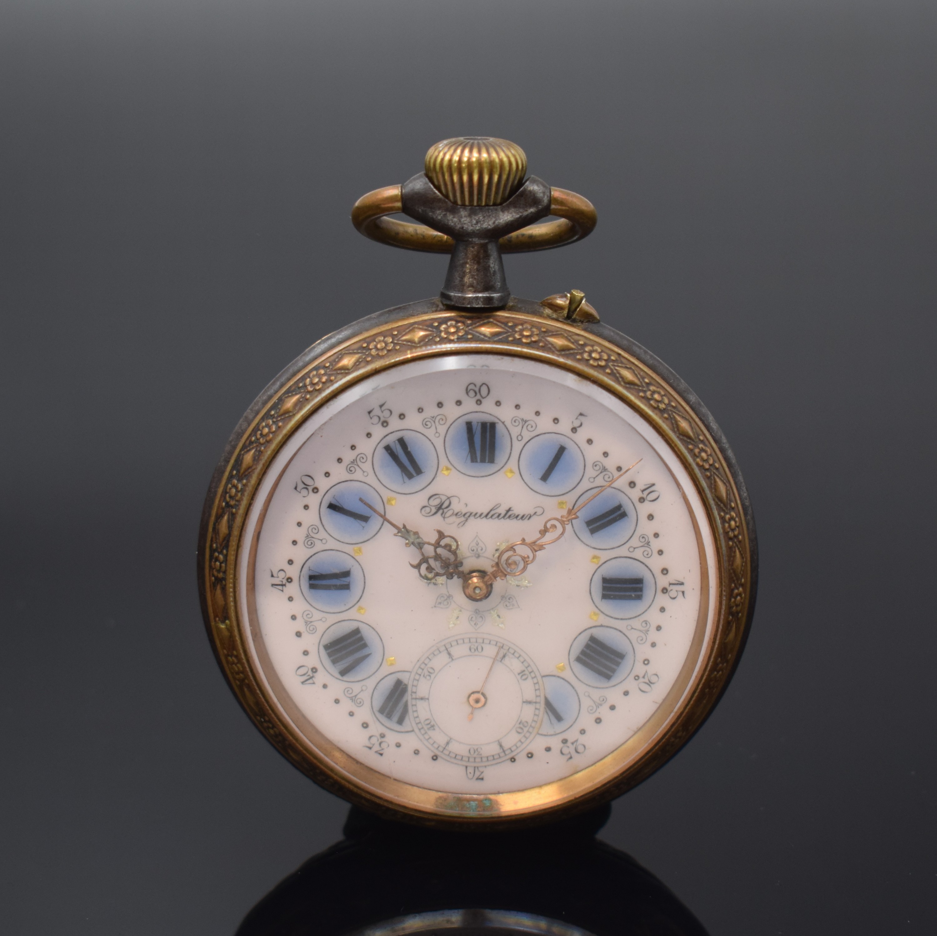 "REGULATEUR" große Taschenuhr im brünierten Gehäuse, Schweiz um 1890, glattes Geh. korrod., verzierte Messing-Ränder, schönes ...