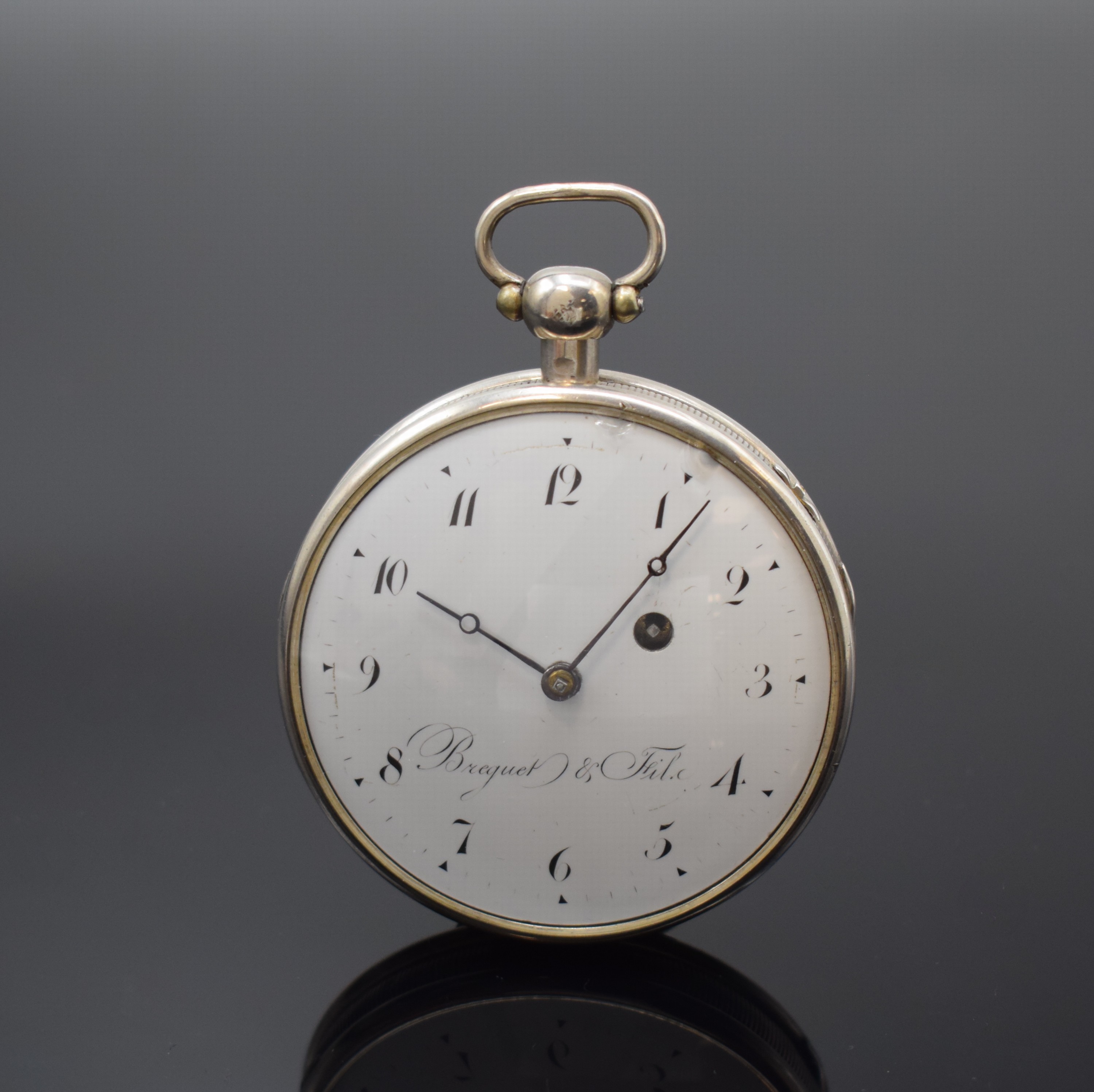 BREGUET & FILS Spindeluhr mit 1/4-Stunden- Repetition, Frankreich/Schweiz um 1820, guill. Geh. m. geripptem Rand berieb., Repetitions-Auslösung ...