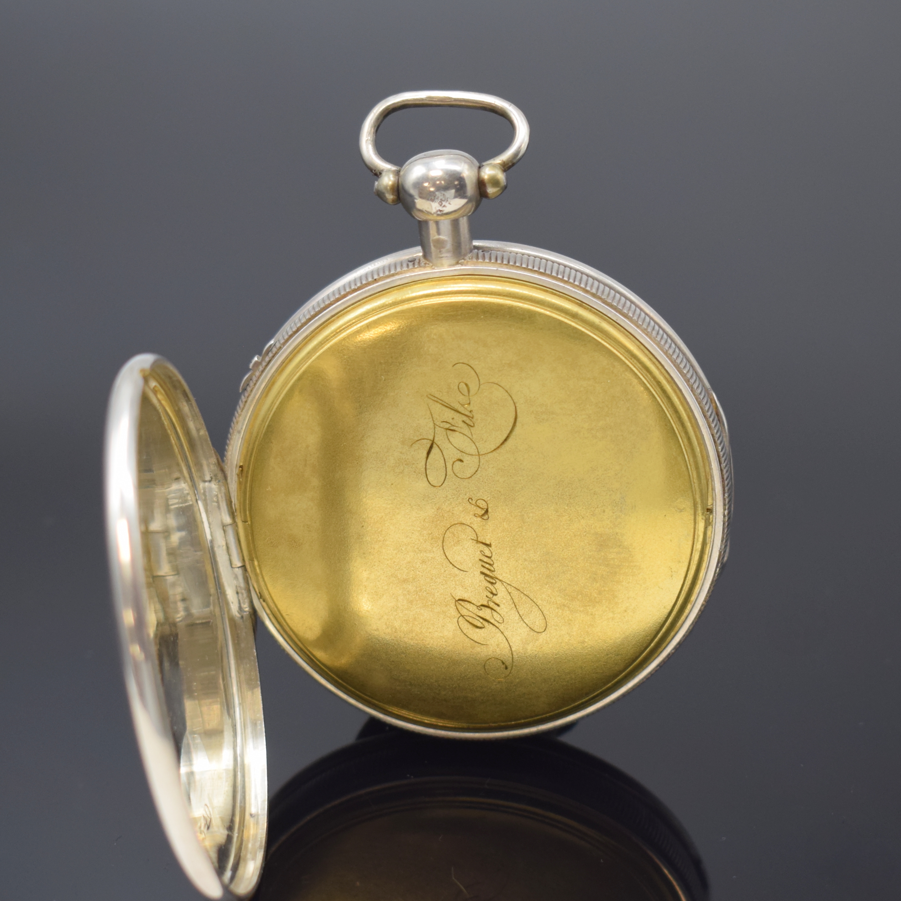 Detail c: BREGUET & FILS Spindeluhr mit 1/4-Stunden- Repetition, Frankreich/Schweiz um 1820, guill. Geh. m. geripptem Rand berieb., Repetitions-Auslösung ...