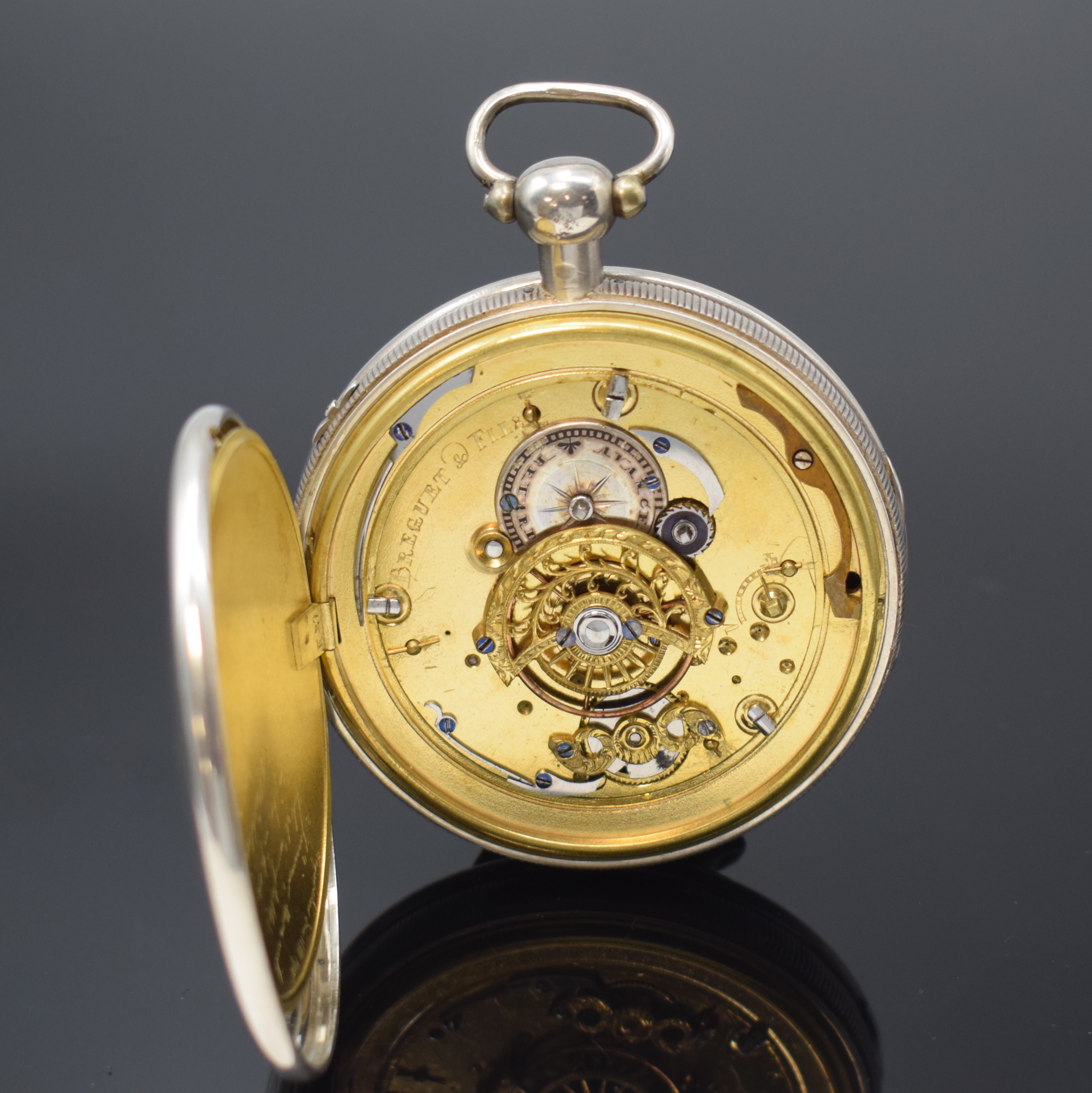 Detail d: BREGUET & FILS Spindeluhr mit 1/4-Stunden- Repetition, Frankreich/Schweiz um 1820, guill. Geh. m. geripptem Rand berieb., Repetitions-Auslösung ...