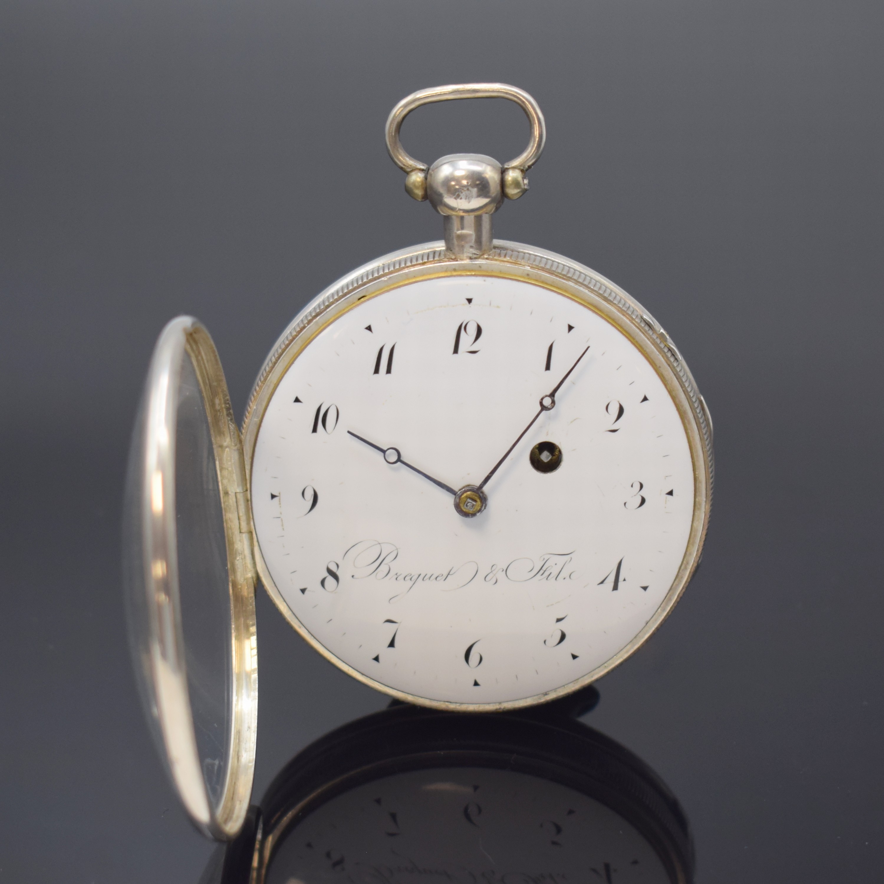 Detail e: BREGUET & FILS Spindeluhr mit 1/4-Stunden- Repetition, Frankreich/Schweiz um 1820, guill. Geh. m. geripptem Rand berieb., Repetitions-Auslösung ...