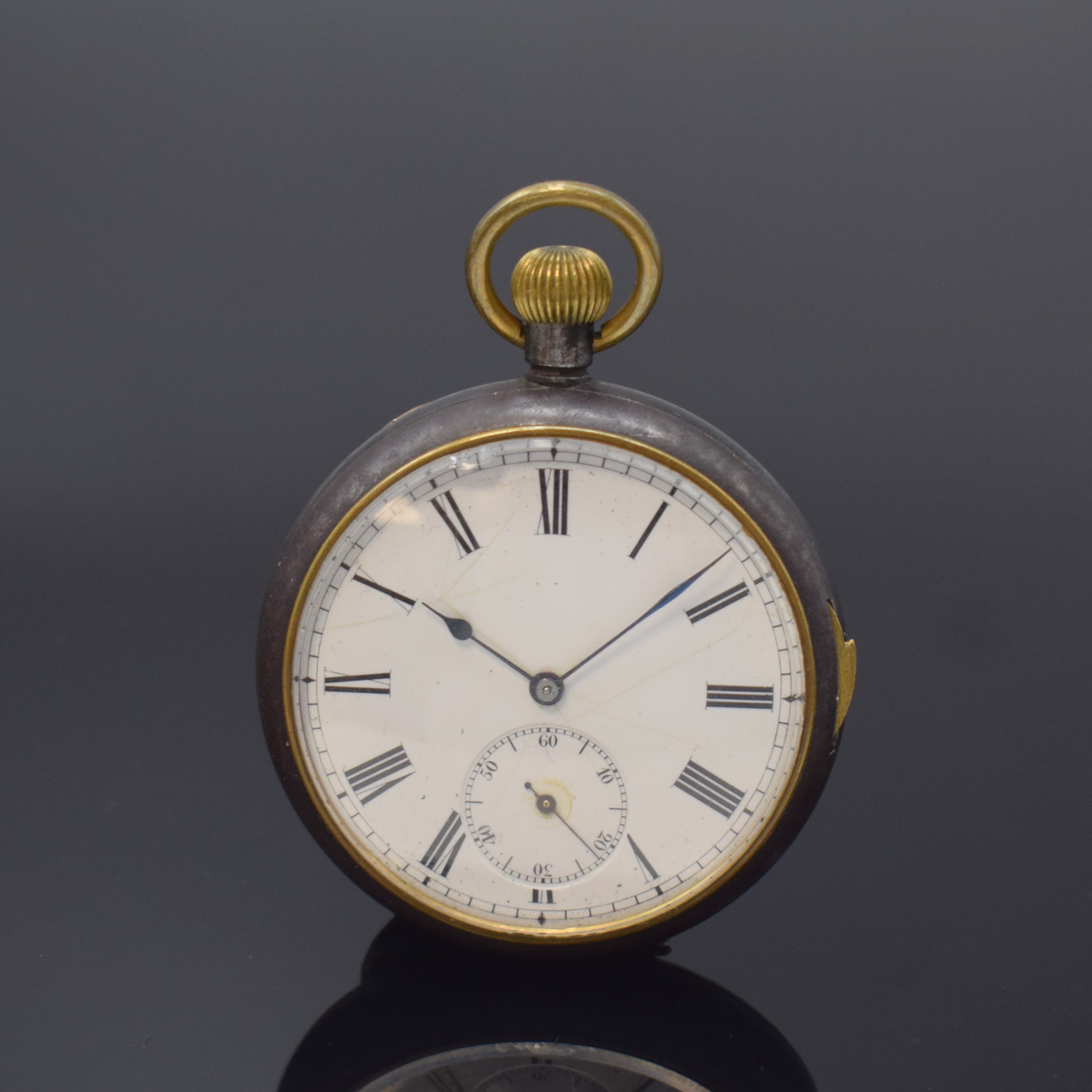 Offene Taschenuhr mit 1/4-Std.-Repetition im brünierten Eisengehäuse, Schweiz um 1920, glattes Geh. korrod., Schlagwerk-Auslösung über Schieber ...