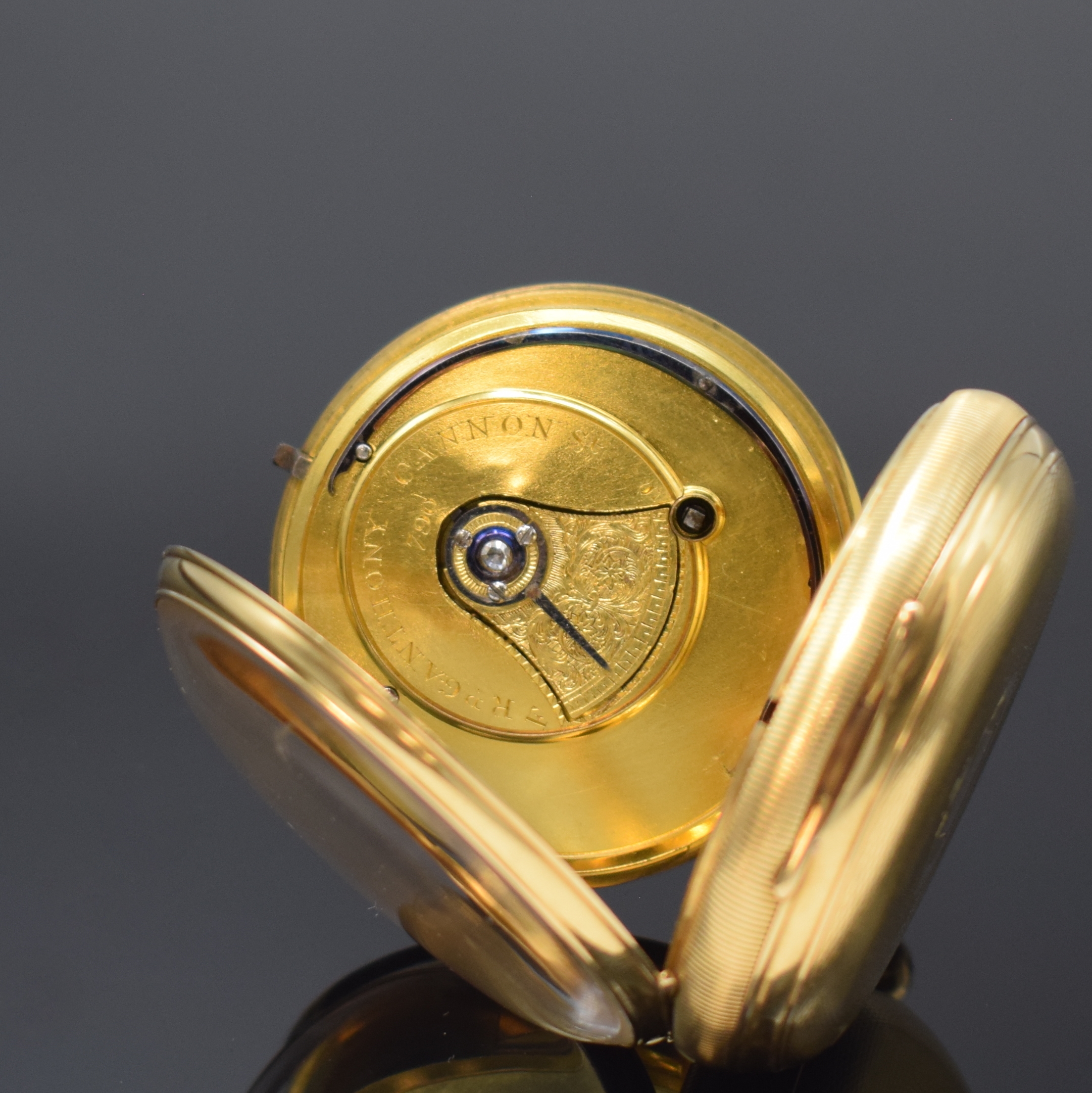 Detail d: RICHARD GANTHONY London schwere Taschenuhr in GG 750/000 mit Rubin-Duplexhemmung, Werk um 1830, Geh. Hallmark London 1867, Schlüssel- aufzug, guill. ...