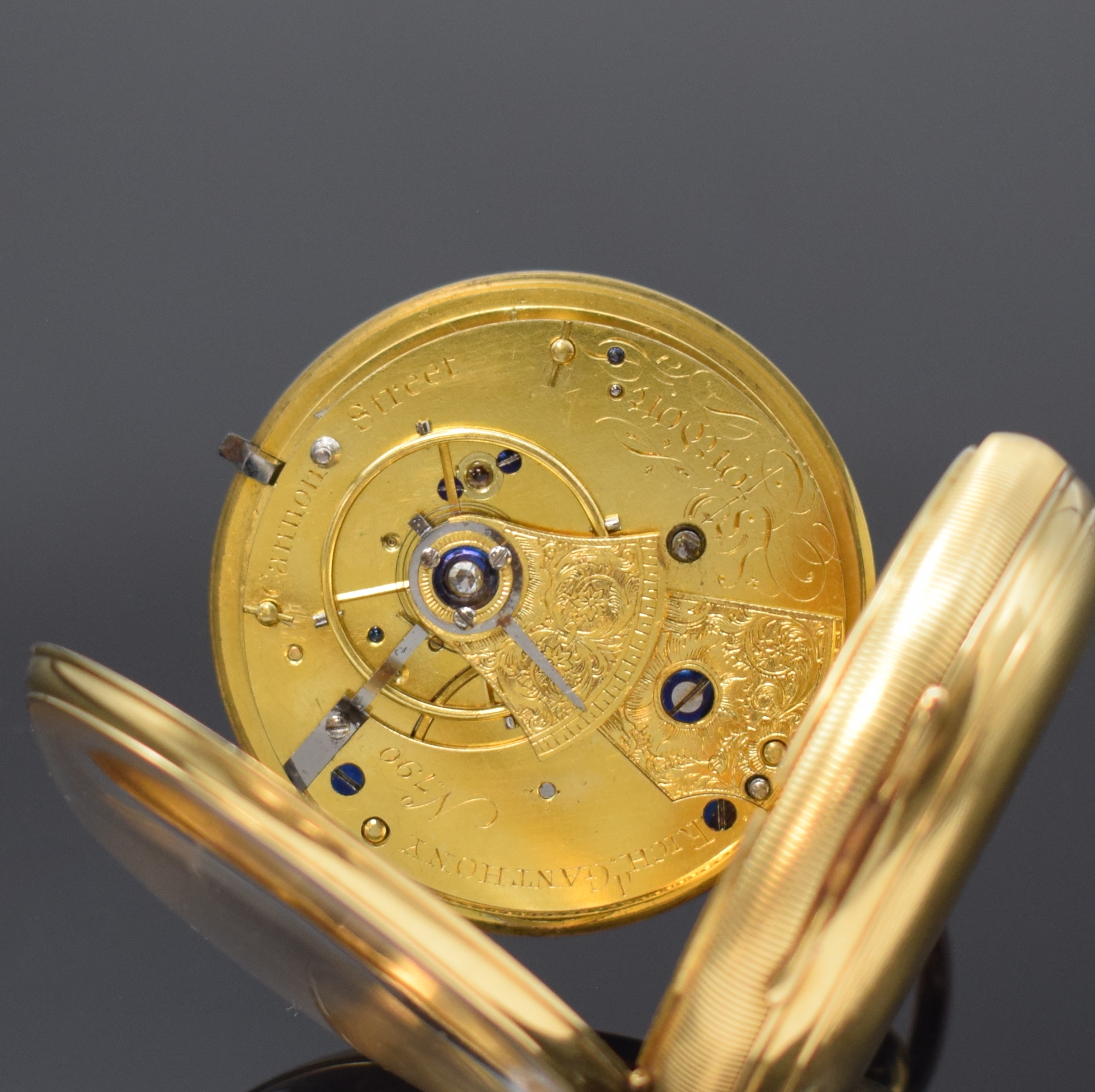 Detail e: RICHARD GANTHONY London schwere Taschenuhr in GG 750/000 mit Rubin-Duplexhemmung, Werk um 1830, Geh. Hallmark London 1867, Schlüssel- aufzug, guill. ...