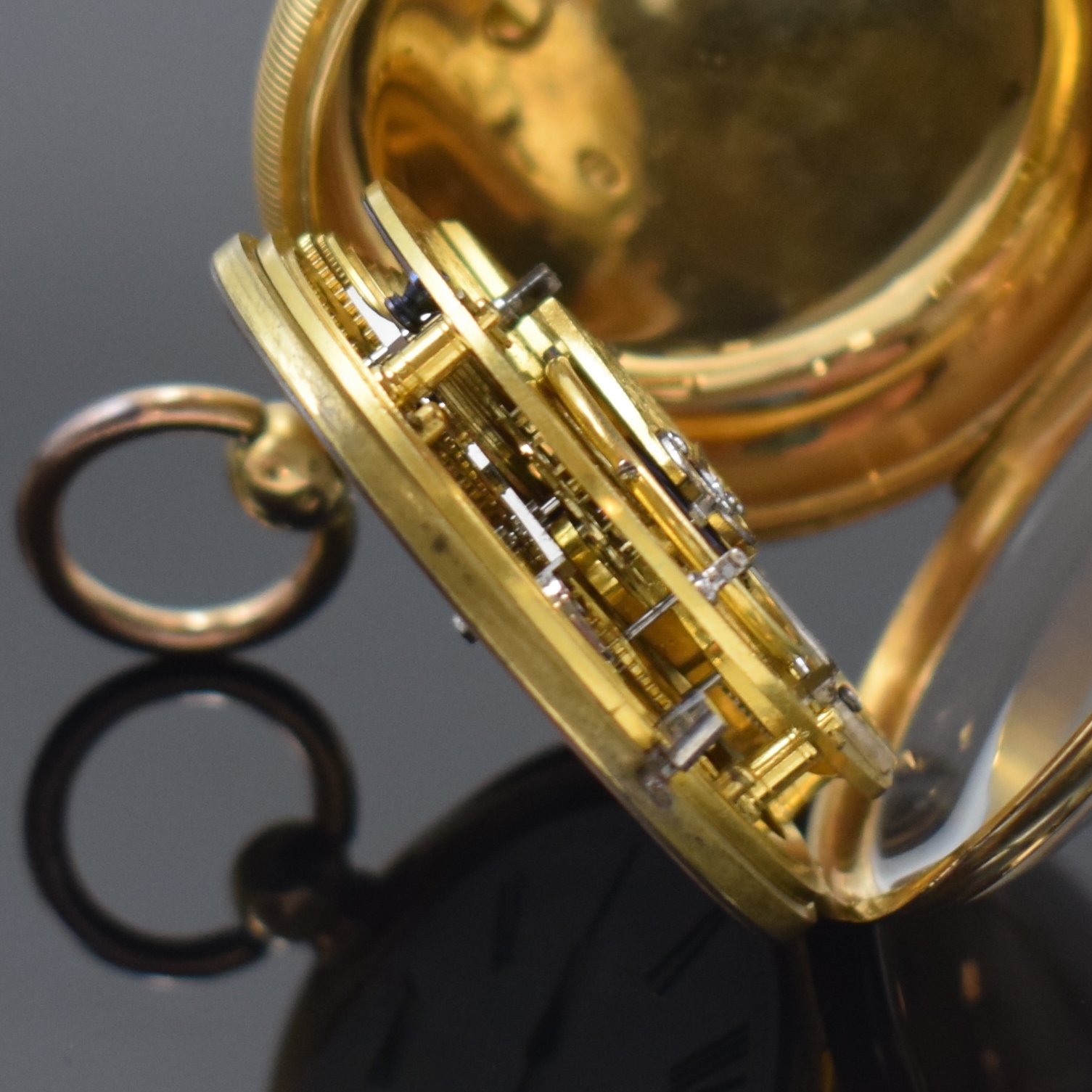 Detail g: RICHARD GANTHONY London schwere Taschenuhr in GG 750/000 mit Rubin-Duplexhemmung, Werk um 1830, Geh. Hallmark London 1867, Schlüssel- aufzug, guill. ...