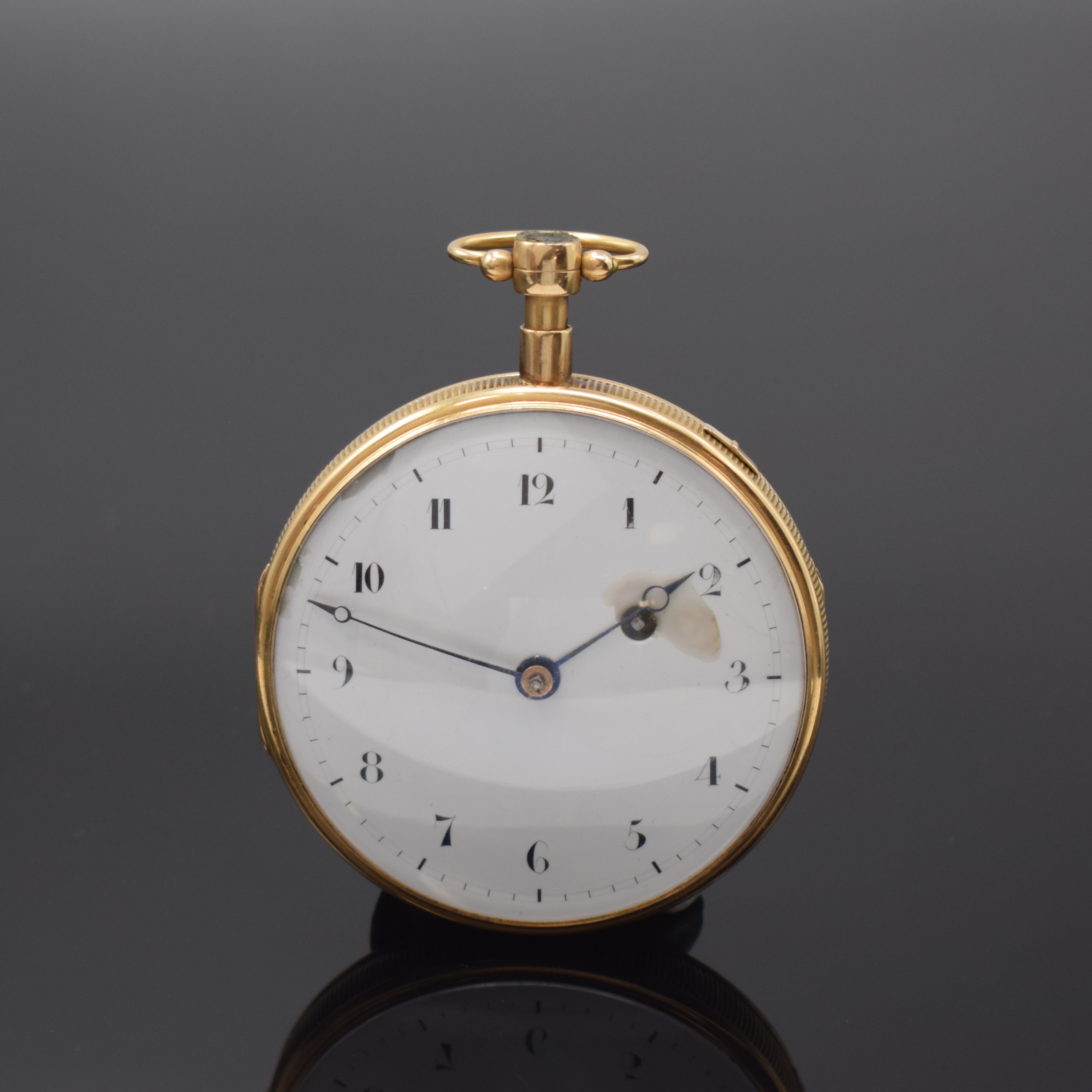 Spindeltaschenuhr mit 1/4-Stundenrepetition in RoseG 750/000, Schweiz um 1820, guill. Geh. m. geripptem Rand, Schlagwerk-Auslösung über Pendant, ...