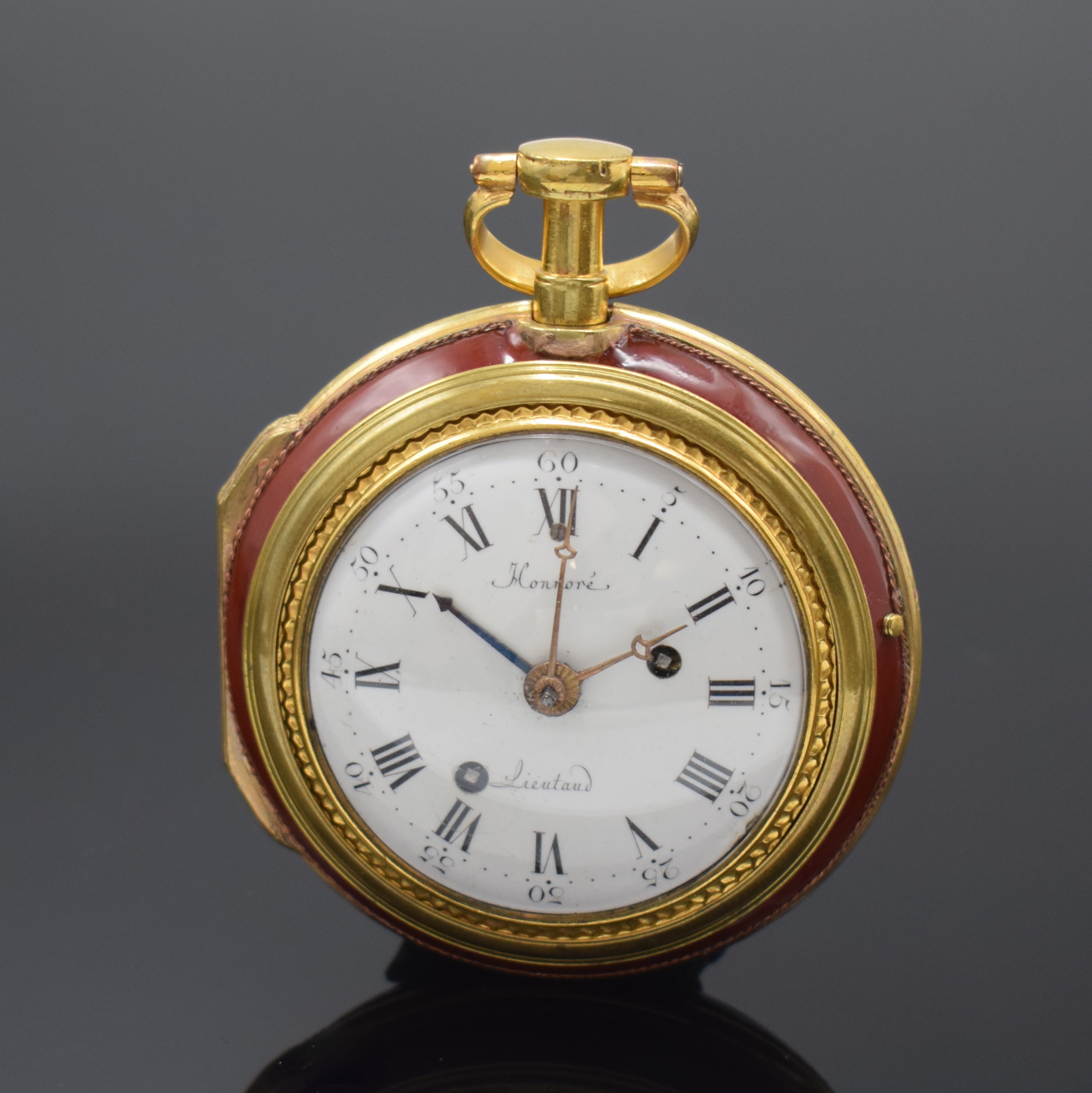 HONNORE LIEUTAUD Marseille Spindeluhr mit Wecker, Frankreich um 1770, verg. Geh., am Rand kanneliert u. durchbr., rot lack. Übergeh., beide m. ...