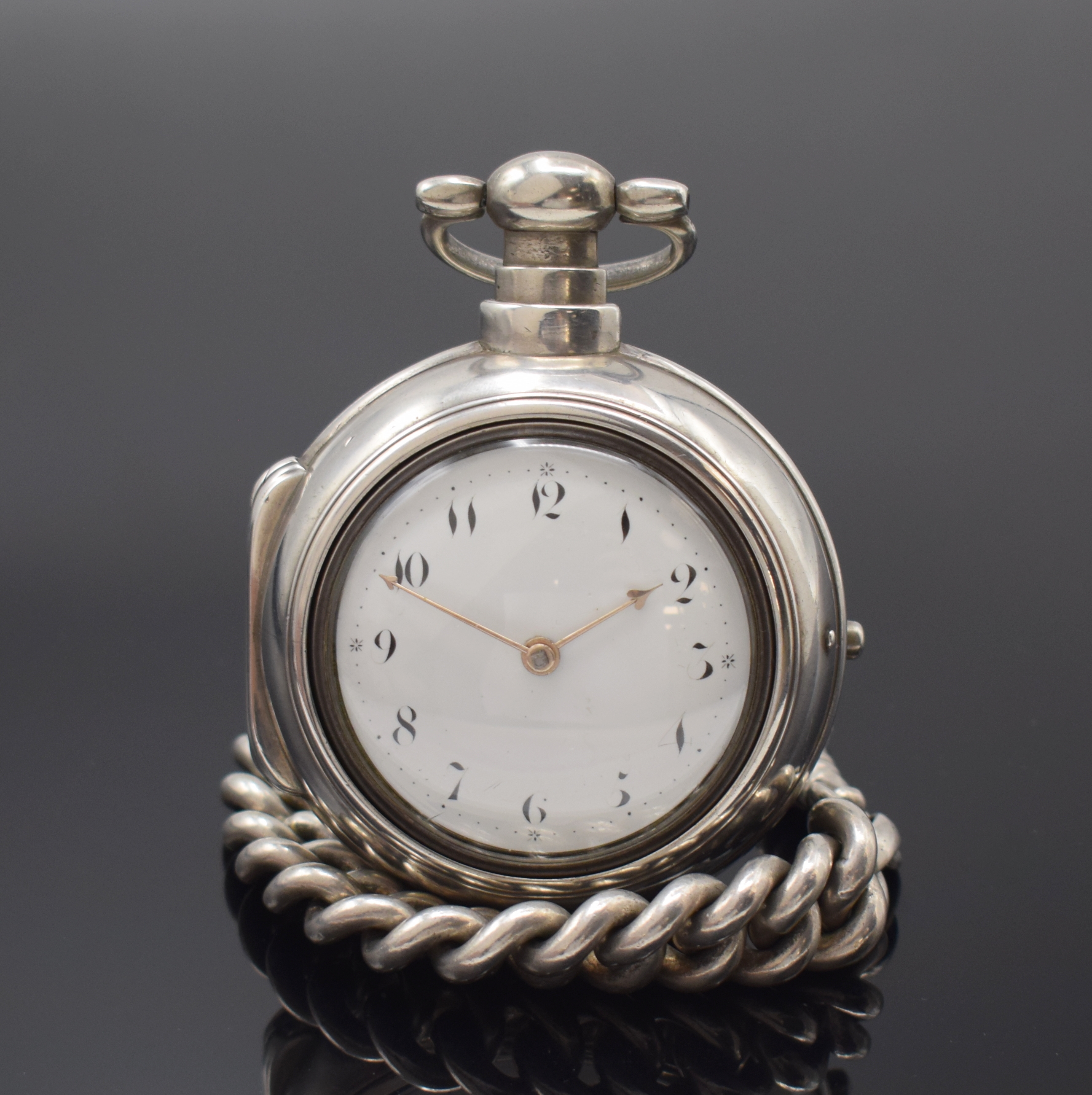 JA'S SWINGLER GRANTHAM extrem schwere Doppel- Gehäuse Spindeltaschenuhr in Sterlingsilber an schwerer Silberkette, London Hallmark 1811,glatte ...